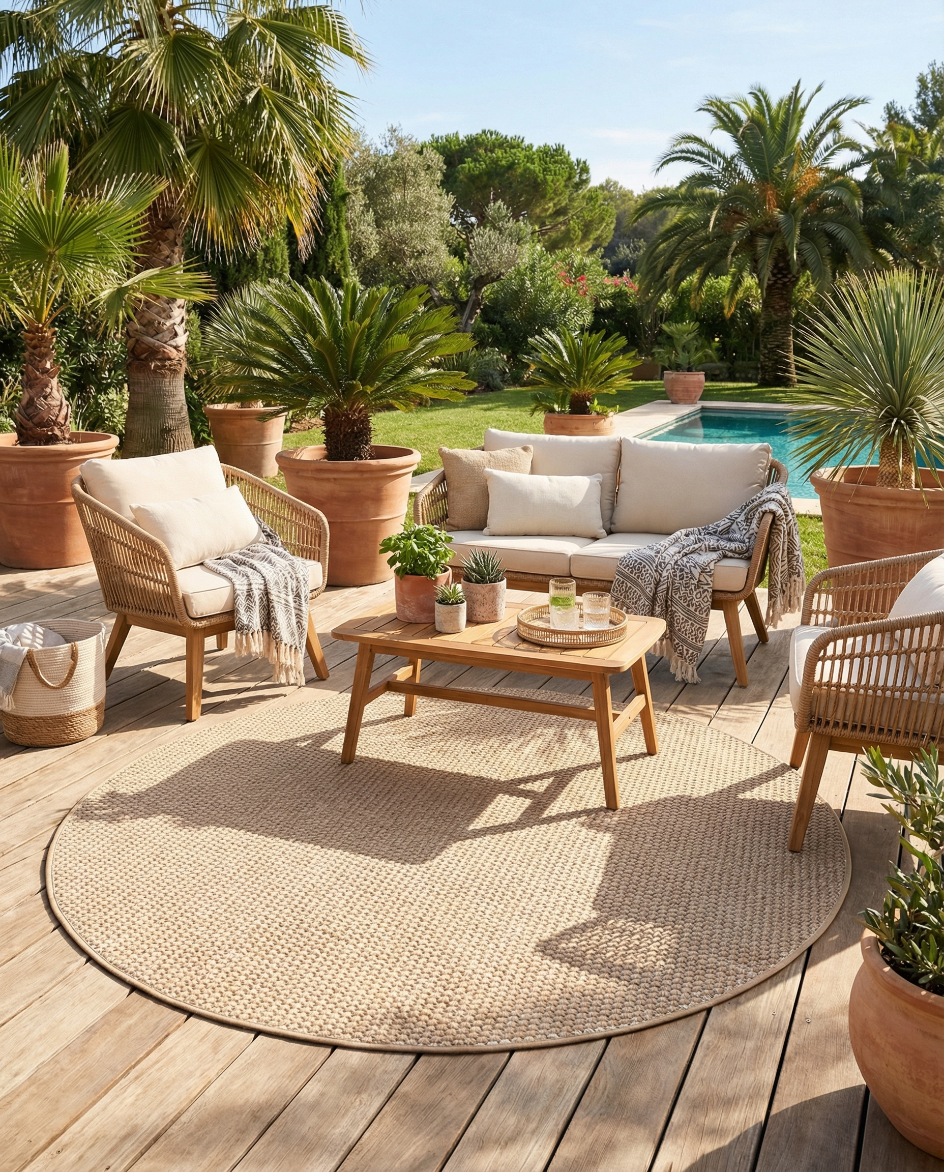 Tapis rond beige, ambiance chaleureuse. Il définit l'espace extérieur, créant un coin détente accueillant