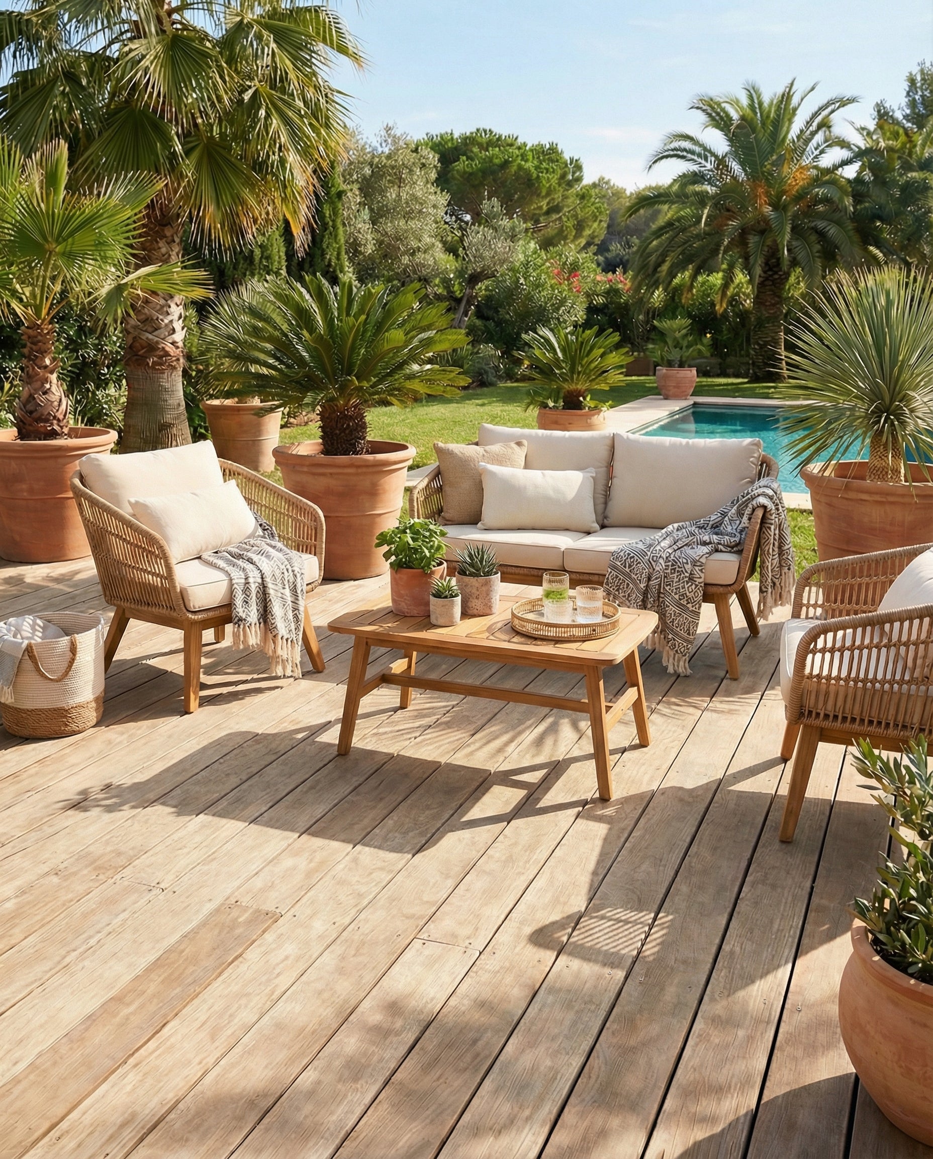 Terrasse en bois clair, mobilier de jardin beige, plantes vertes, ambiance ensoleillée, espace à transformer