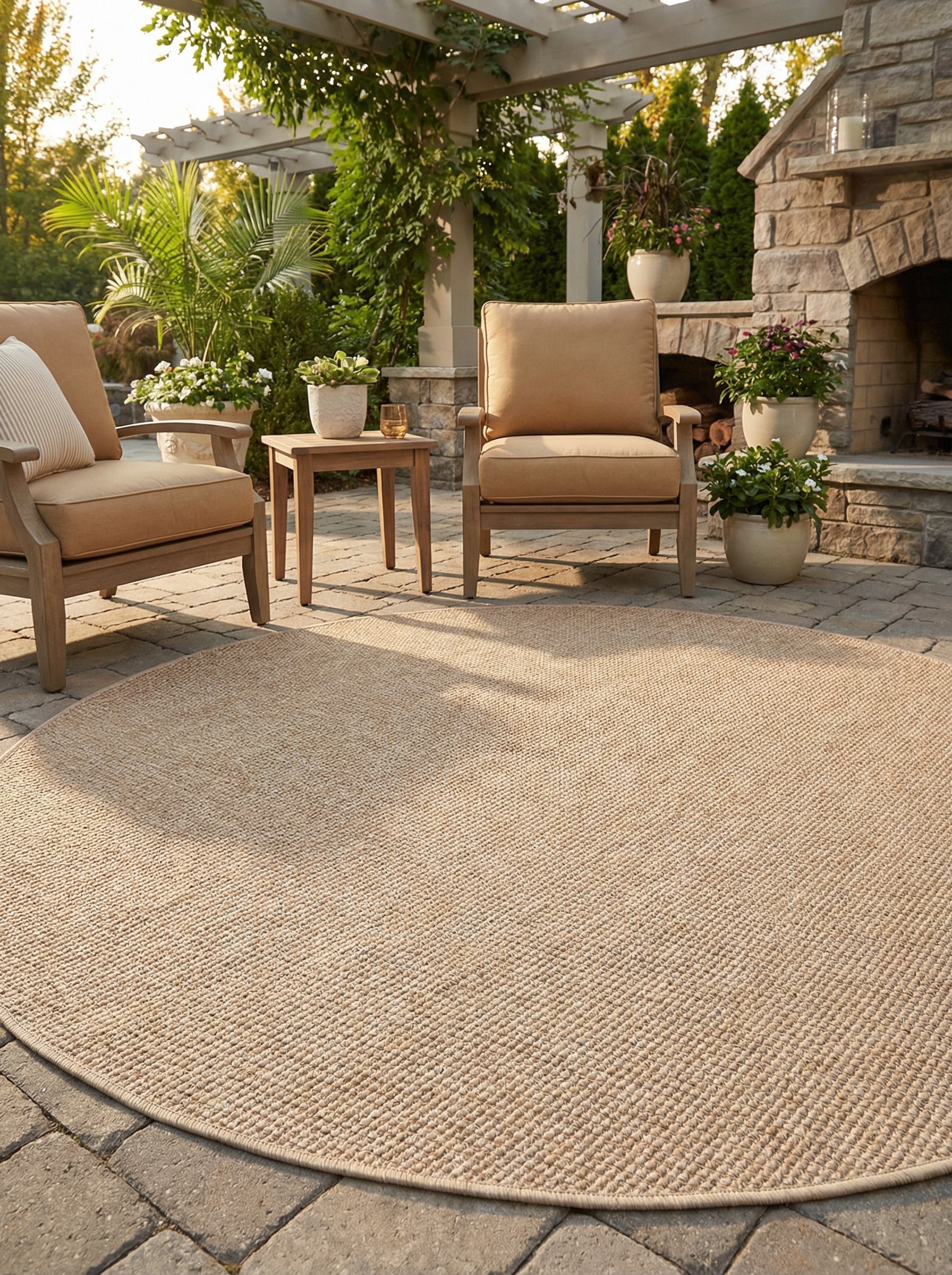 Tapis rond beige, ambiance chaleureuse pour un espace extérieur. Style déco naturel, couleurs douces