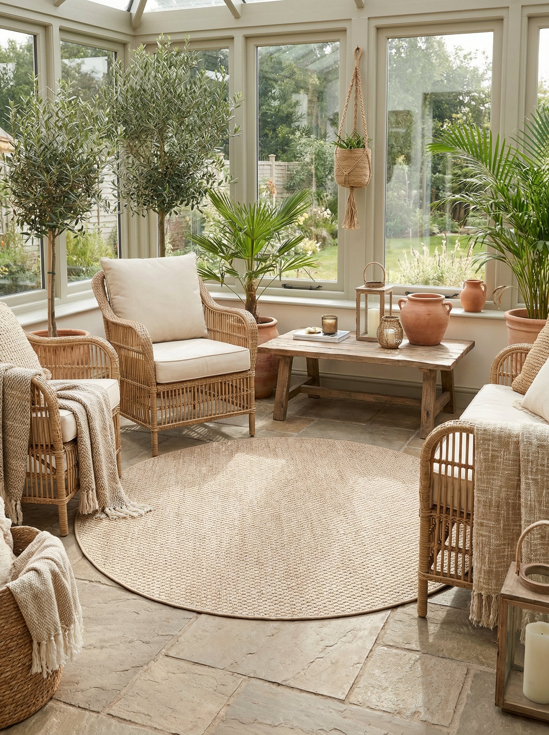 Tapis rond beige clair dans une véranda lumineuse. Ambiance chaleureuse, transition douce intérieur-extérieur