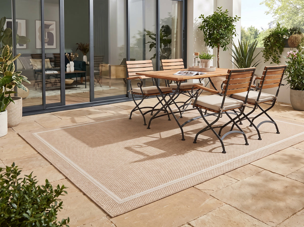 Sur dalles claires, un tapis rectangulaire extérieur sable au tissage bouclé avec un cadre ivoire