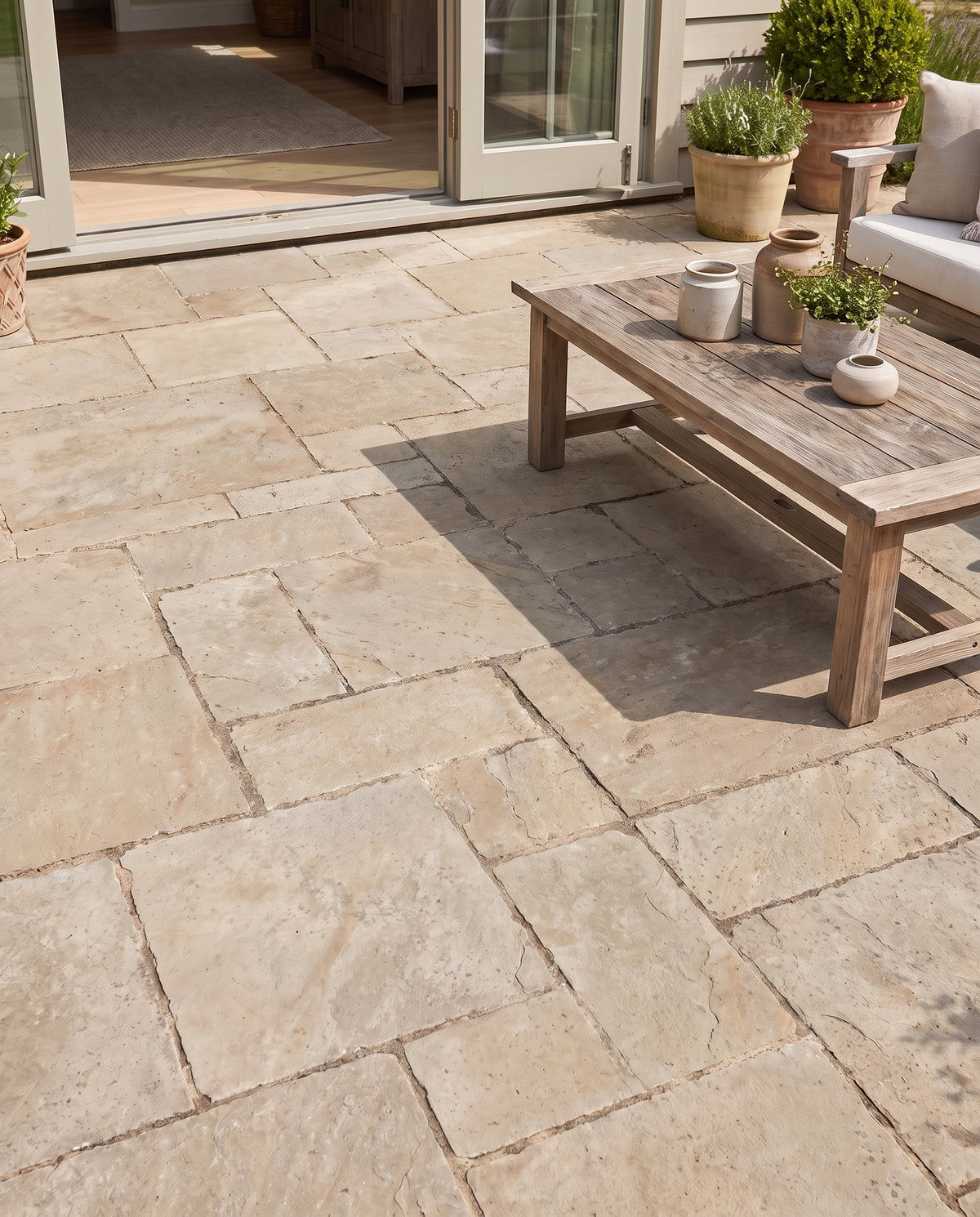 Le sol nu d'une terrasse en dalles de pierre sans tapis, avec table basse en bois, canapé et plantes