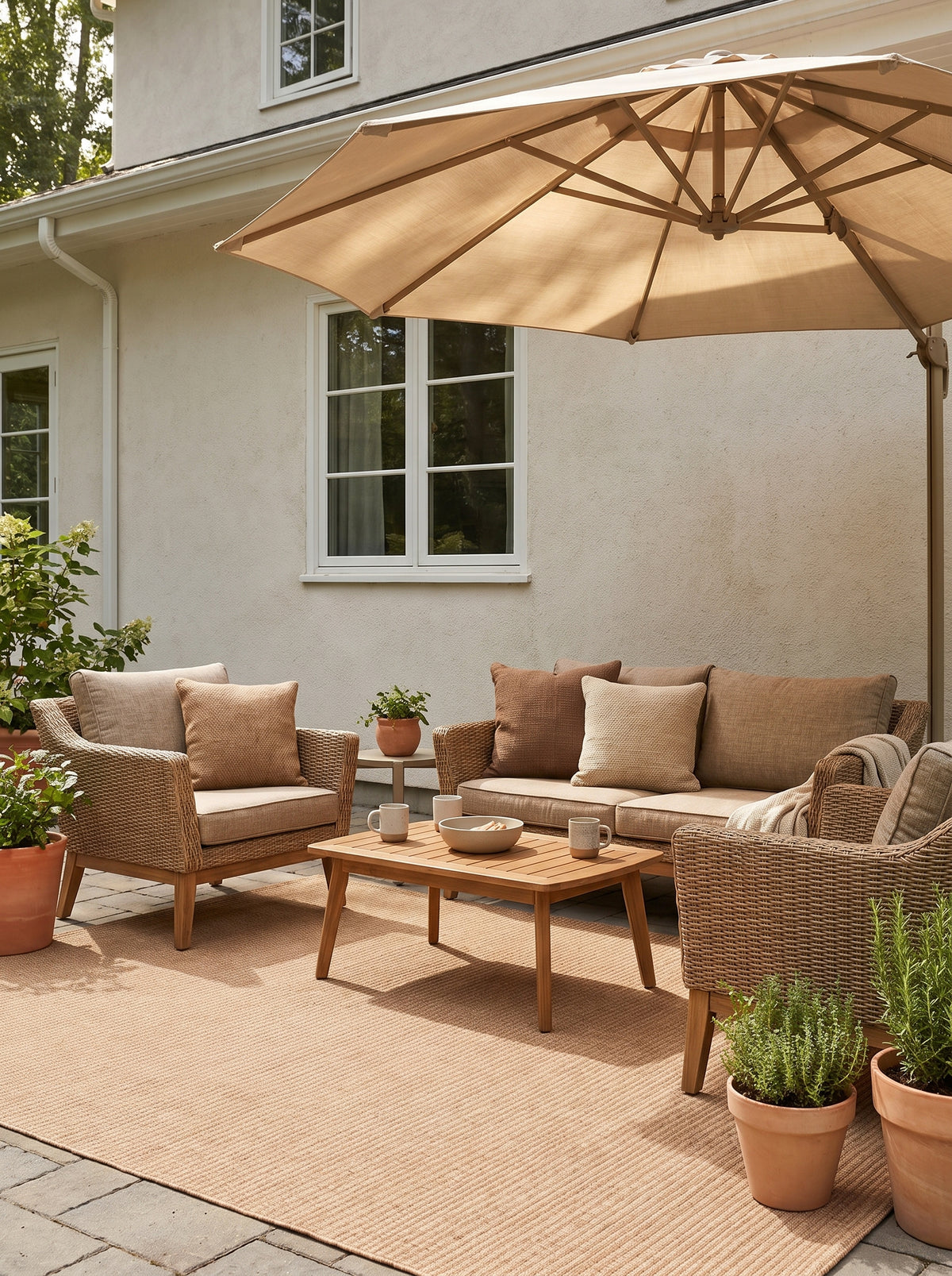 Rectangulaire et terracotta clair, le tapis d'extérieur côtelé délimite un coin salon de terrasse ensoleillée