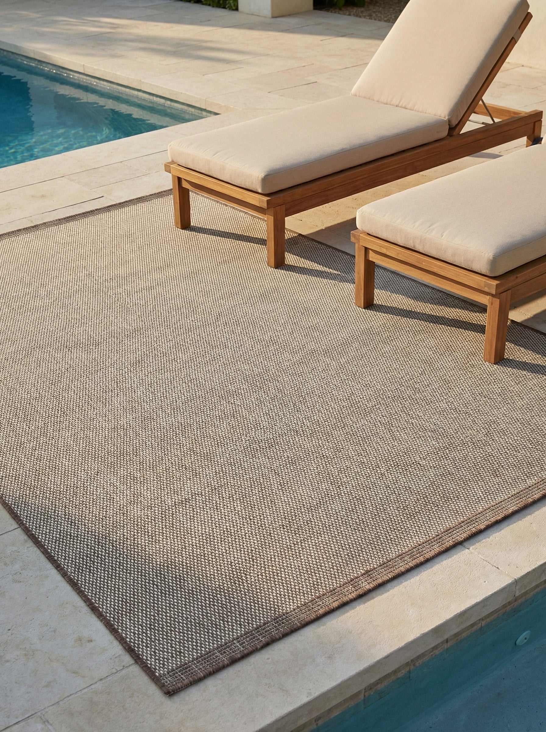 Grand tapis rectangulaire d'extérieur beige chiné de marron avec une bordure foncée, posé sur une terrasse au bord d'une piscine