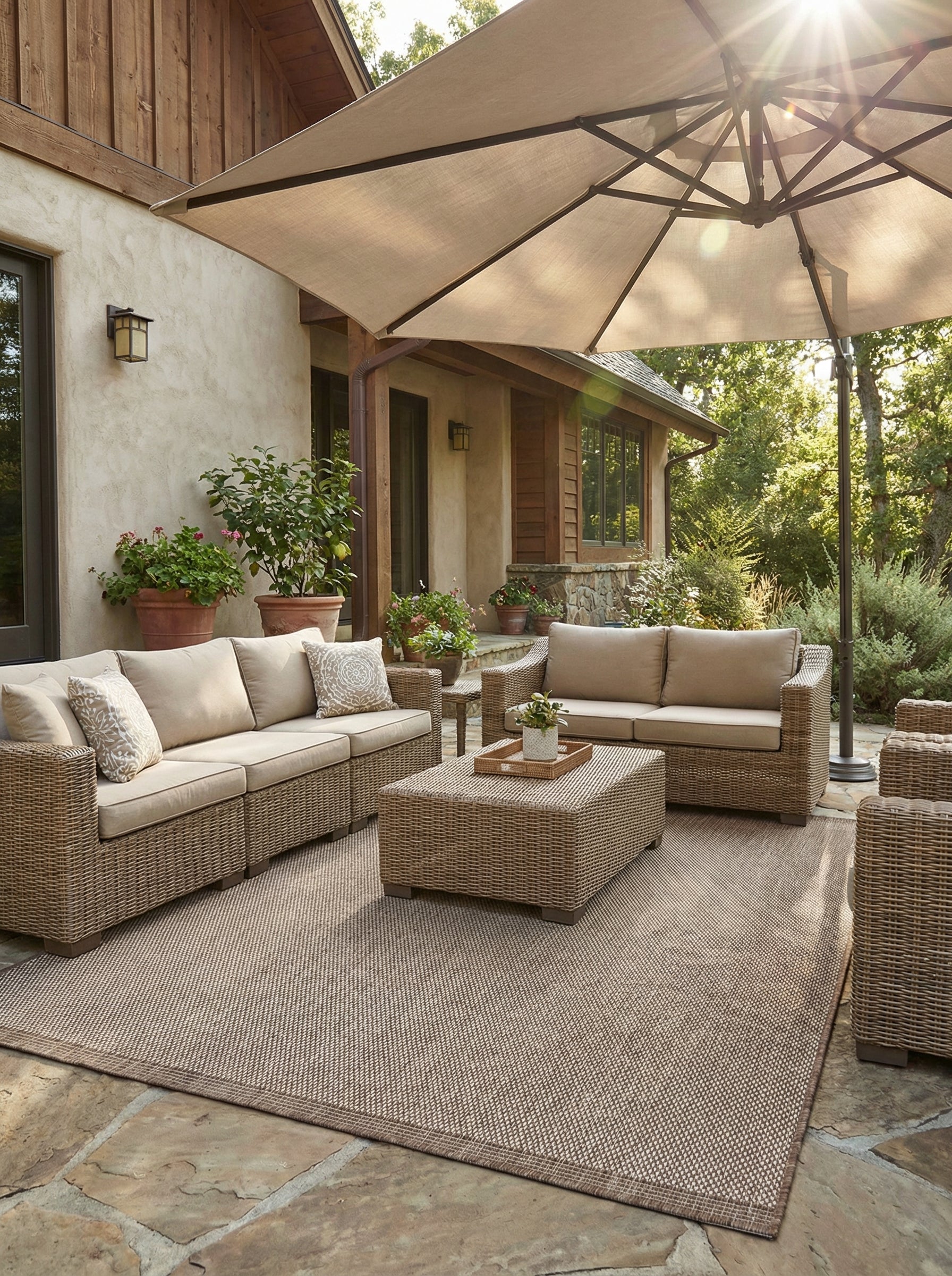 Tapis rectangulaire bicolore marron clair et foncé à tissage serré, avec bordure assortie, posé sur une terrasse aménagée en salon extérieur