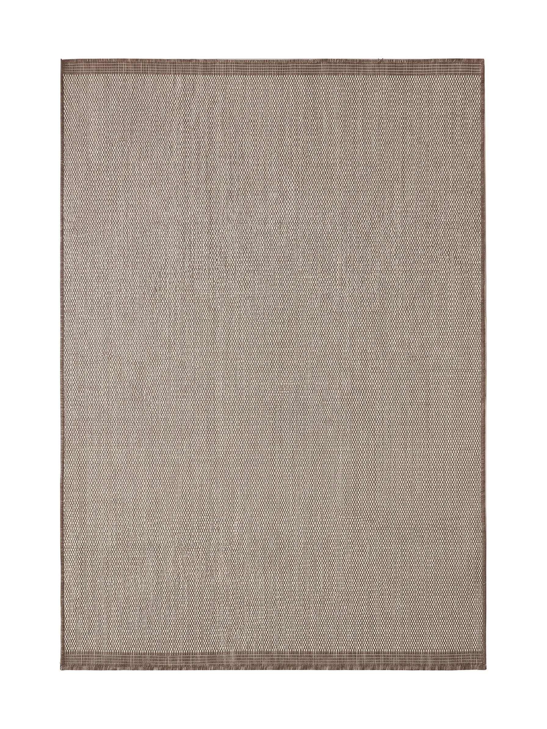 Tapis rectangulaire à motifs de petits carreaux tissés beige clair, avec une bordure marron foncé unie