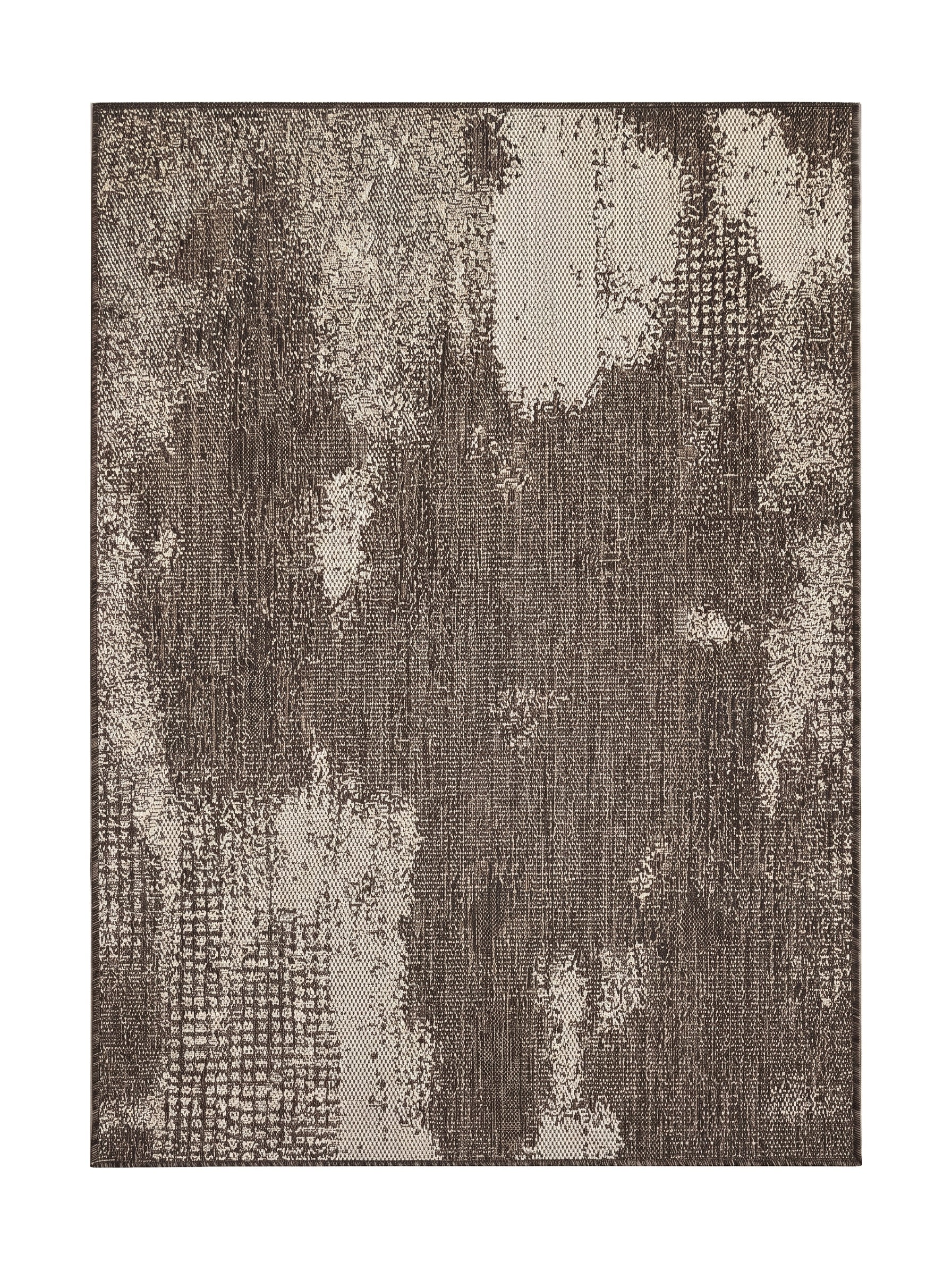 Tapis rectangulaire à motif abstrait marron foncé et beige clair, avec une texture tissée et des zones délavées