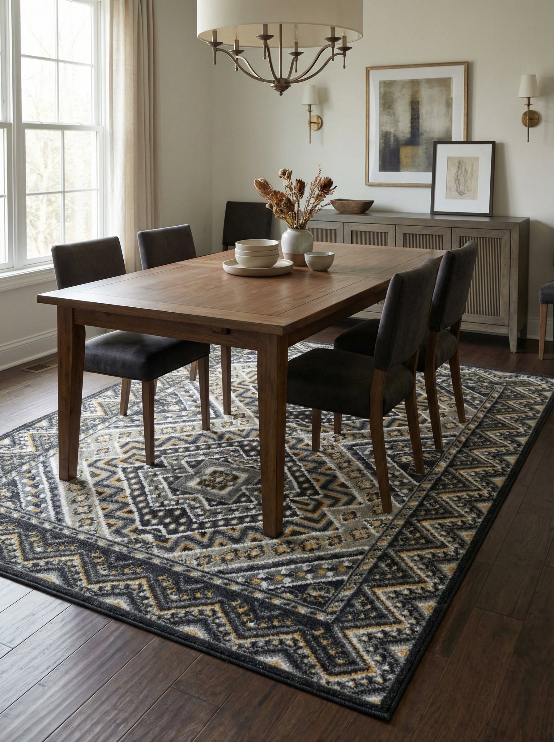 Tapis rectangulaire aux motifs géométriques gris foncé, blancs et jaune moutarde, effet usé, dans une salle à manger
