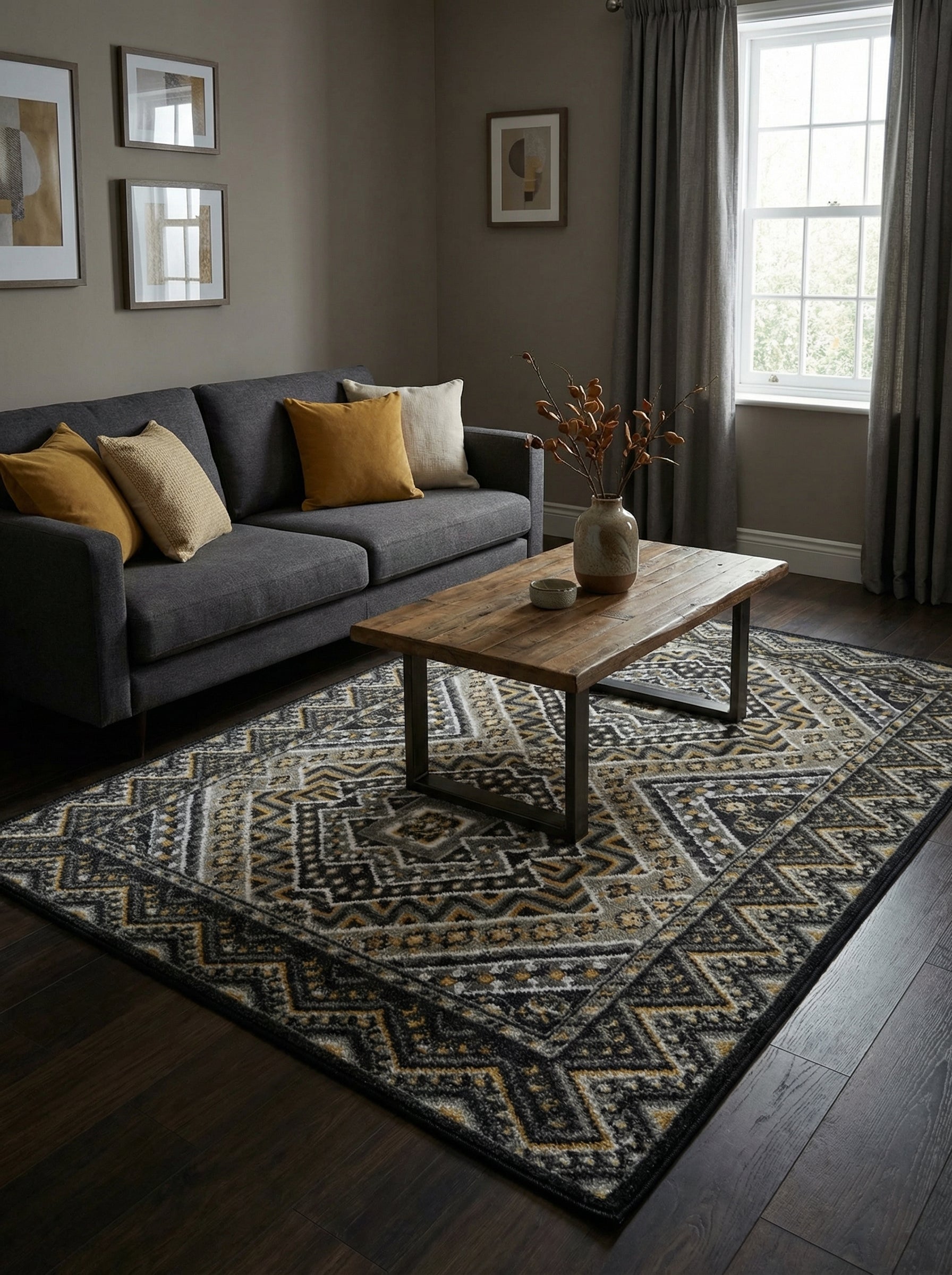 Tapis rectangulaire aux motifs géométriques noirs, gris et ocre posé sur un parquet sombre dans un salon