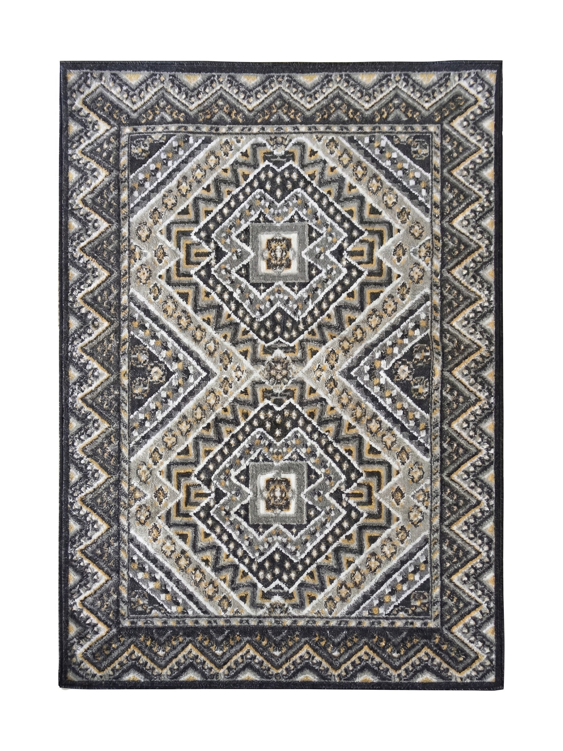 Tapis aux motifs géométriques complexes de losanges et chevrons dans des tons de noir, gris, blanc et ocre