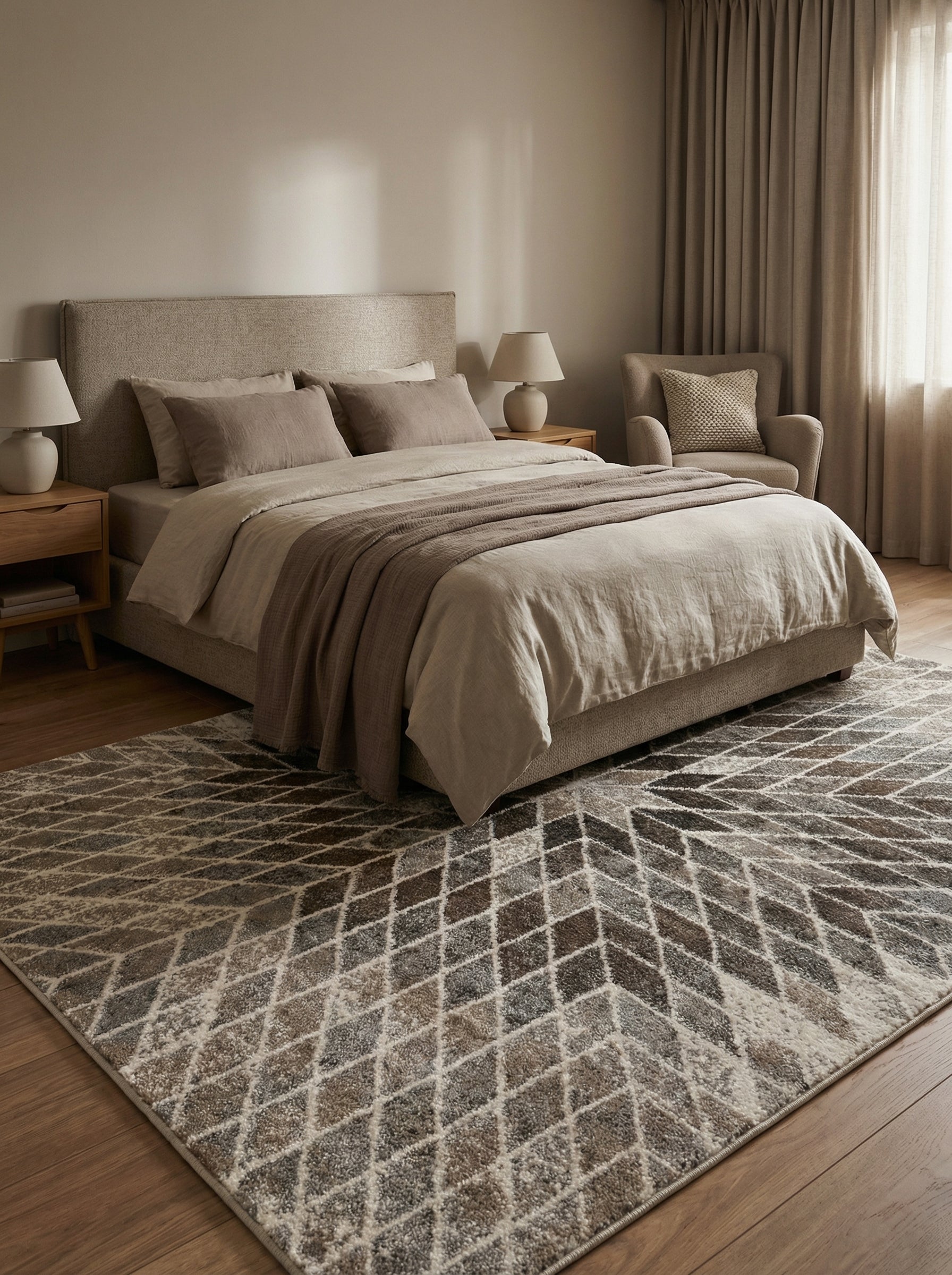 Tapis rectangulaire à motifs de losanges texturés marron, gris et beige clair posé sur un parquet dans une chambre