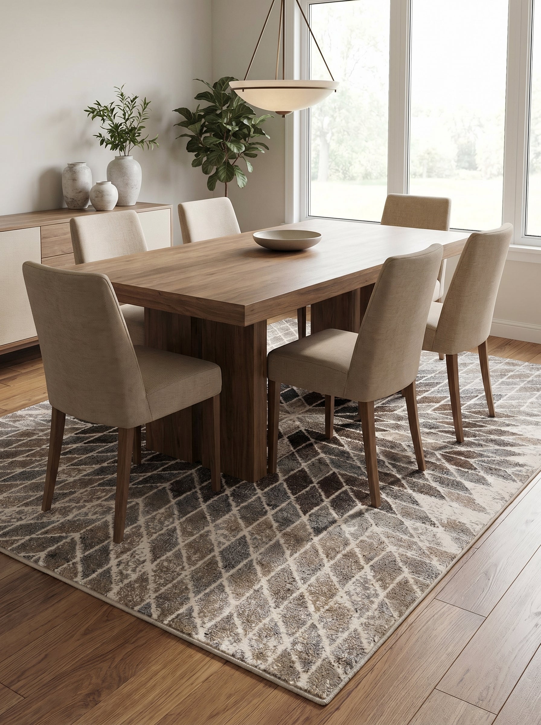 Tapis rectangulaire à motifs losanges irréguliers, aux tons beiges, marrons, gris et crème, agrémente une salle à manger