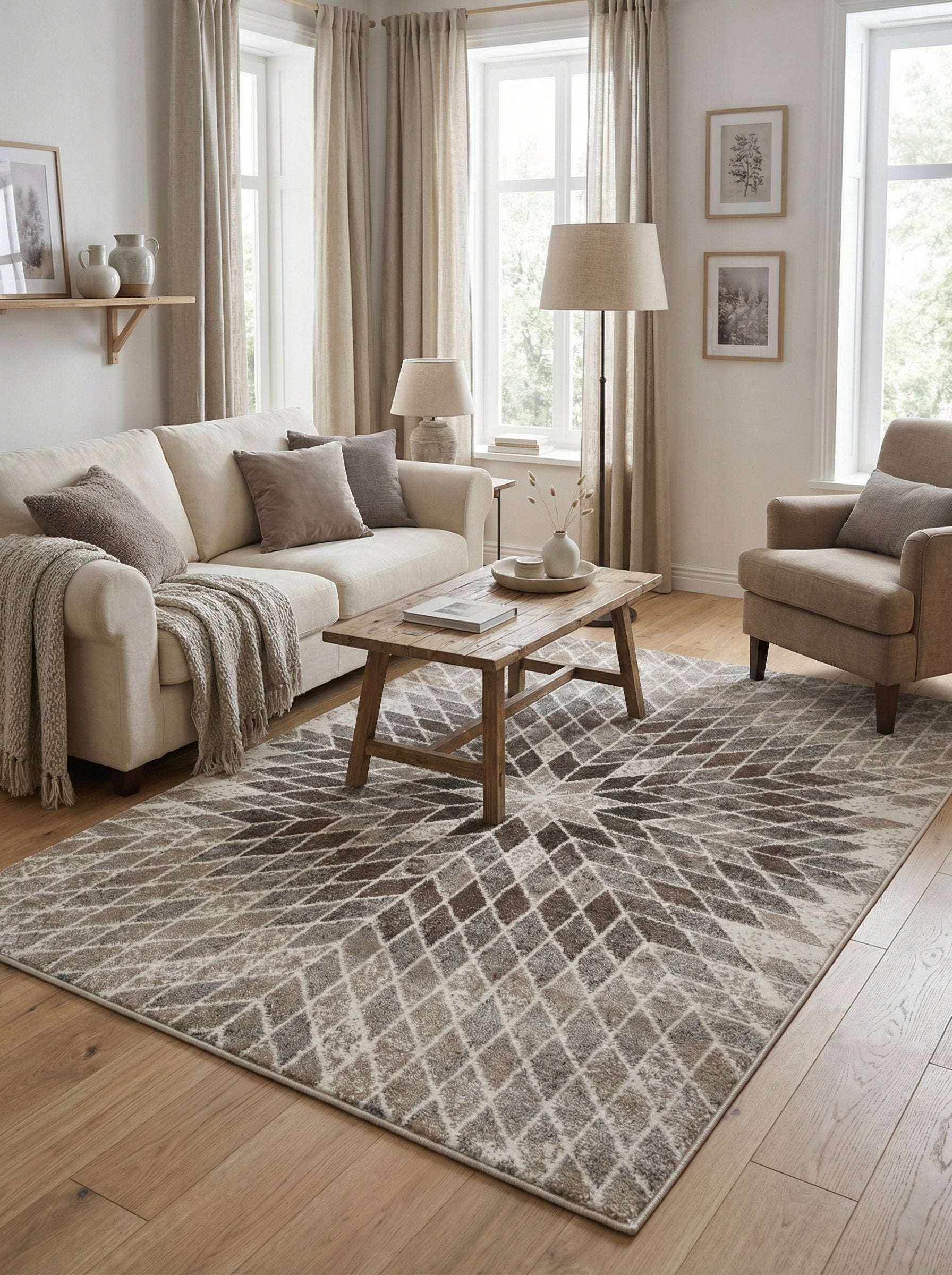 Tapis rectangulaire texturé aux motifs de losanges en étoile, camaïeu de beiges, bruns et gris, dans un salon moderne