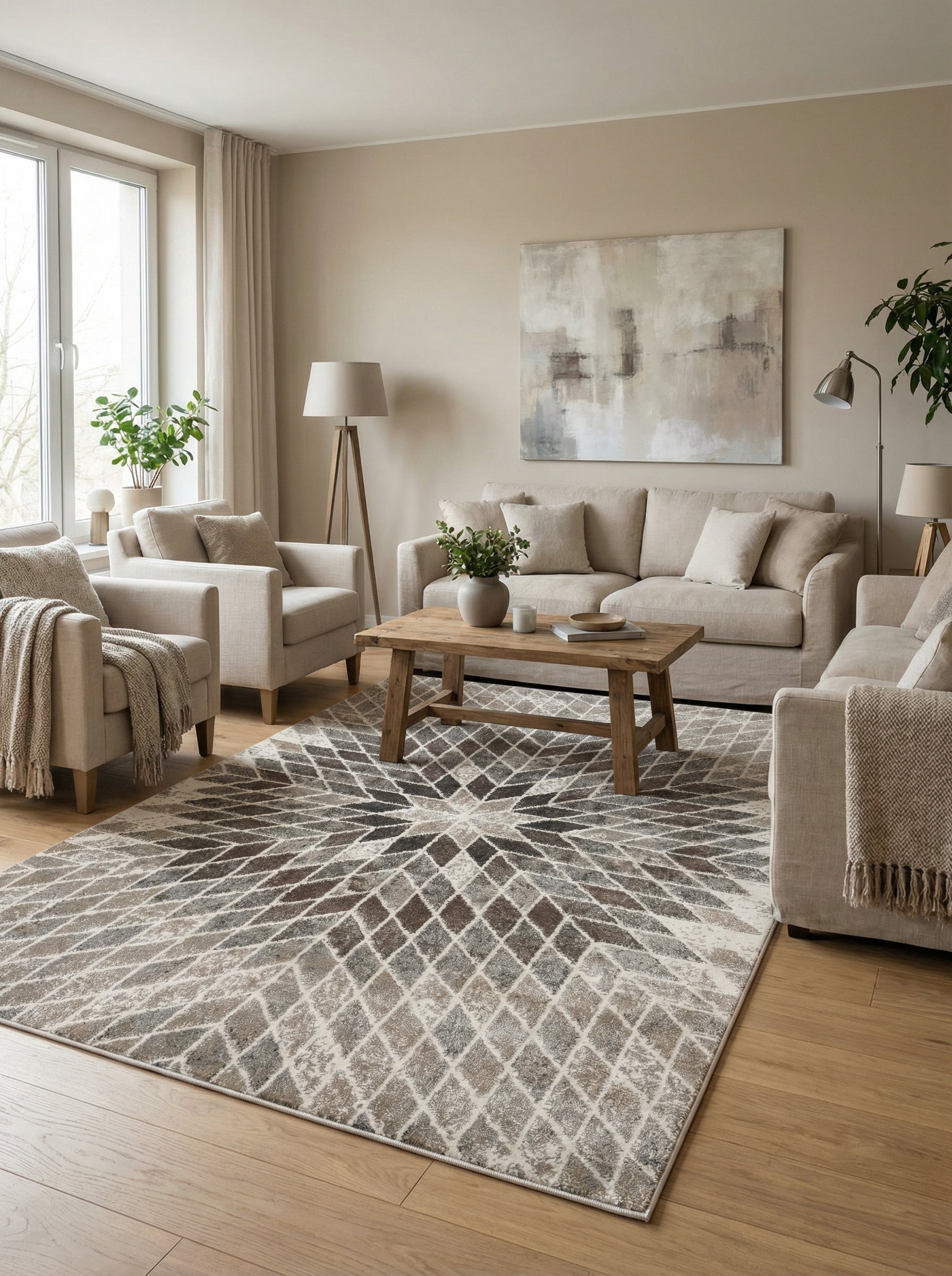 Tapis rectangulaire aux motifs de losanges texturés allant du blanc cassé au gris et marron foncé, formant une étoile centrale, posé sur un parquet clair dans un salon moderne