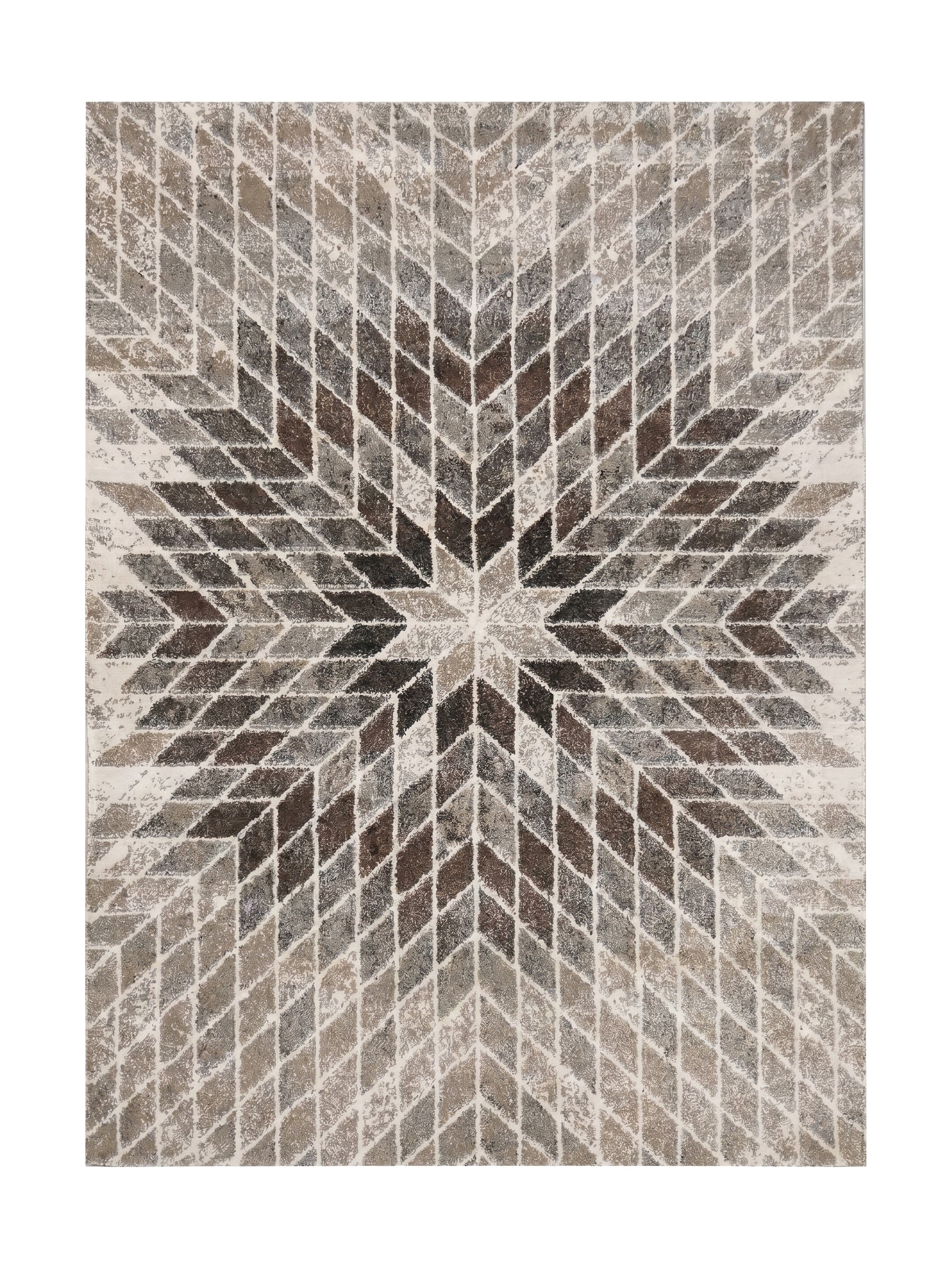 Tapis rectangulaire à motif géométrique étoilé en losanges marron, beige et gris sur fond crème, texture douce et moelleuse