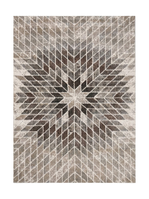Tapis rectangulaire à motif géométrique étoilé en losanges marron, beige et gris sur fond crème, texture douce et moelleuse