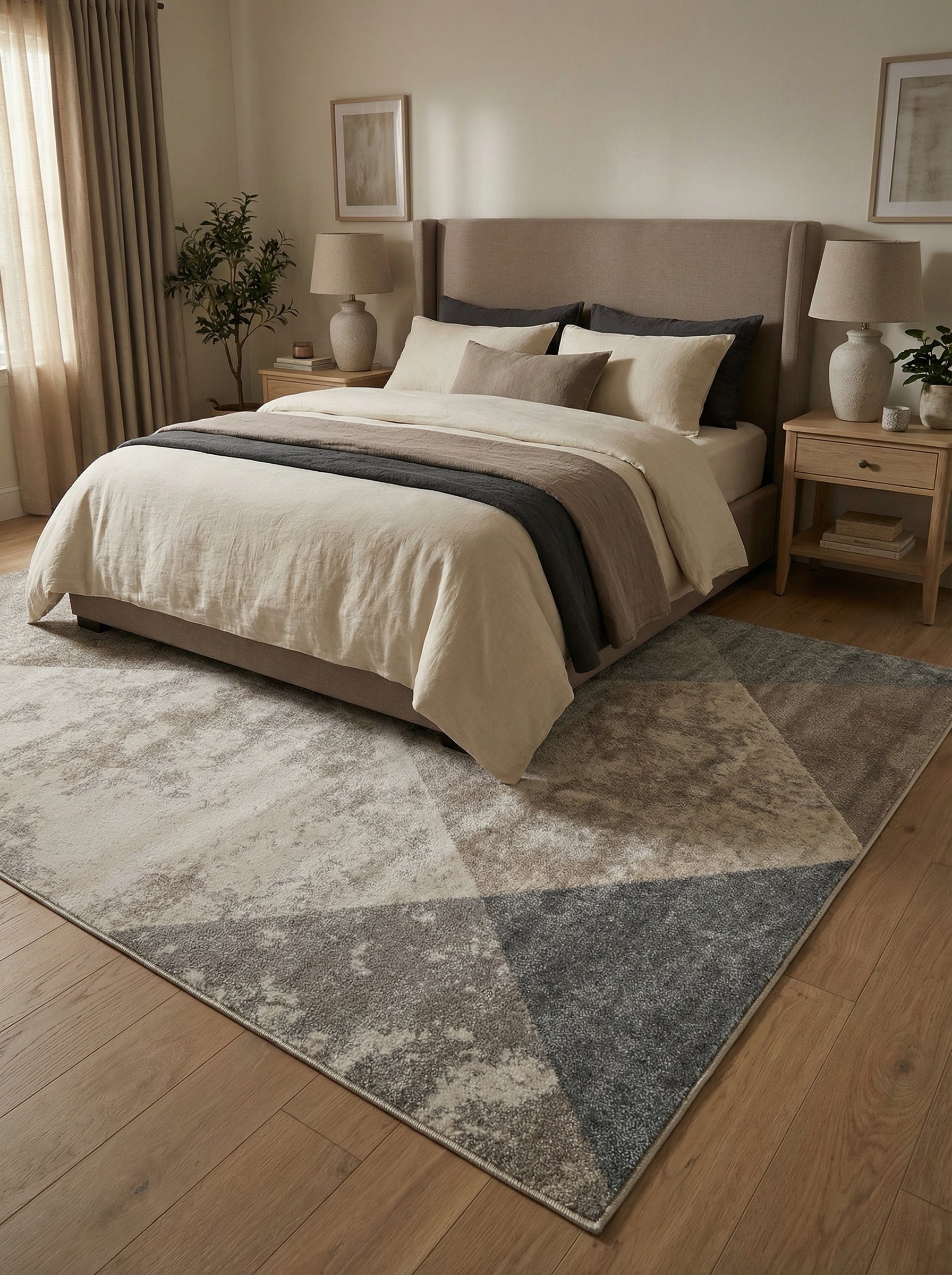 Tapis rectangulaire aux motifs géométriques abstraits en nuances de beige, gris et marron texturé, posé dans une chambre