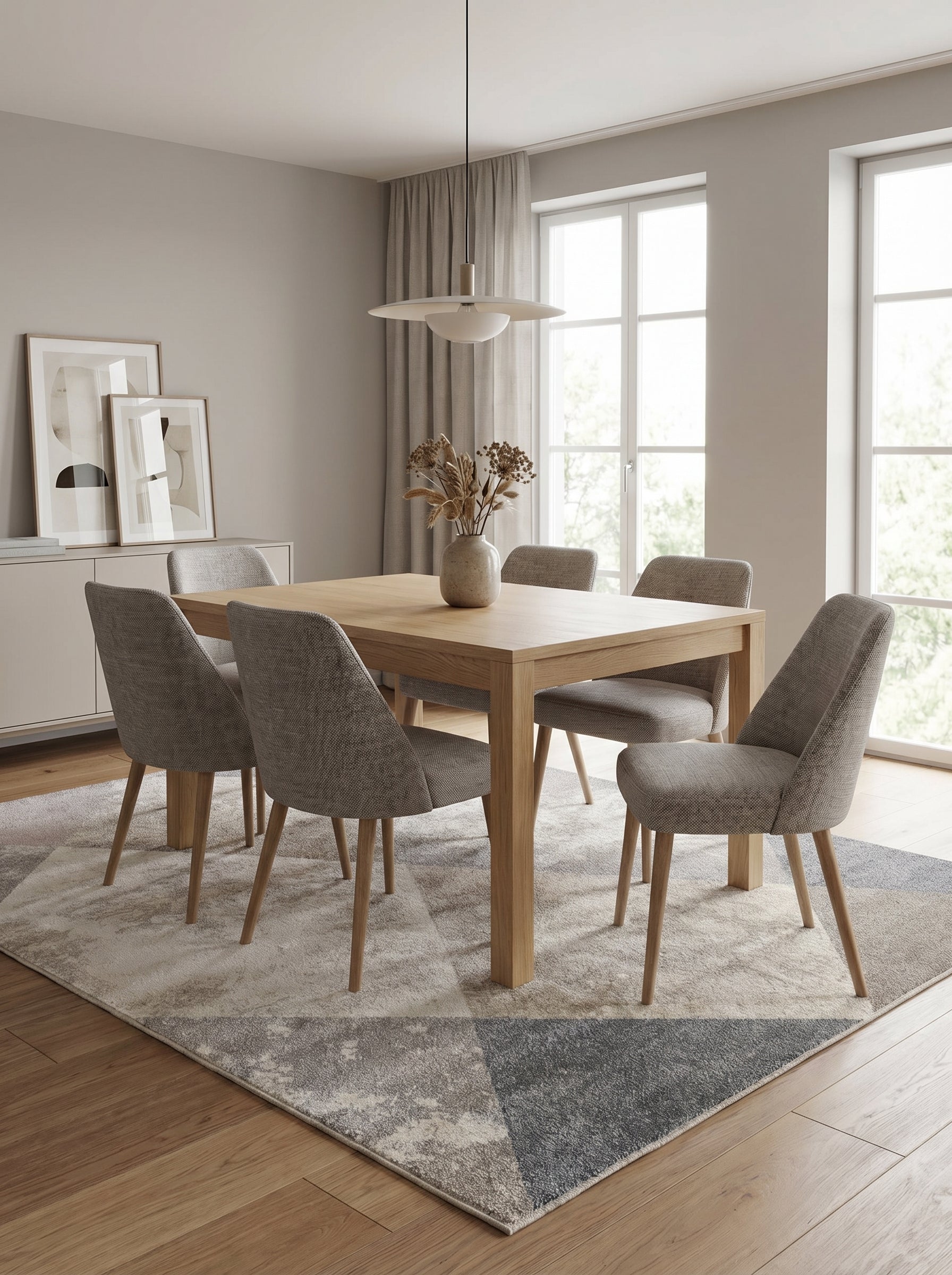 Tapis rectangulaire aux motifs géométriques abstraits gris clair, beige et gris foncé, posé sous une table de salle à manger