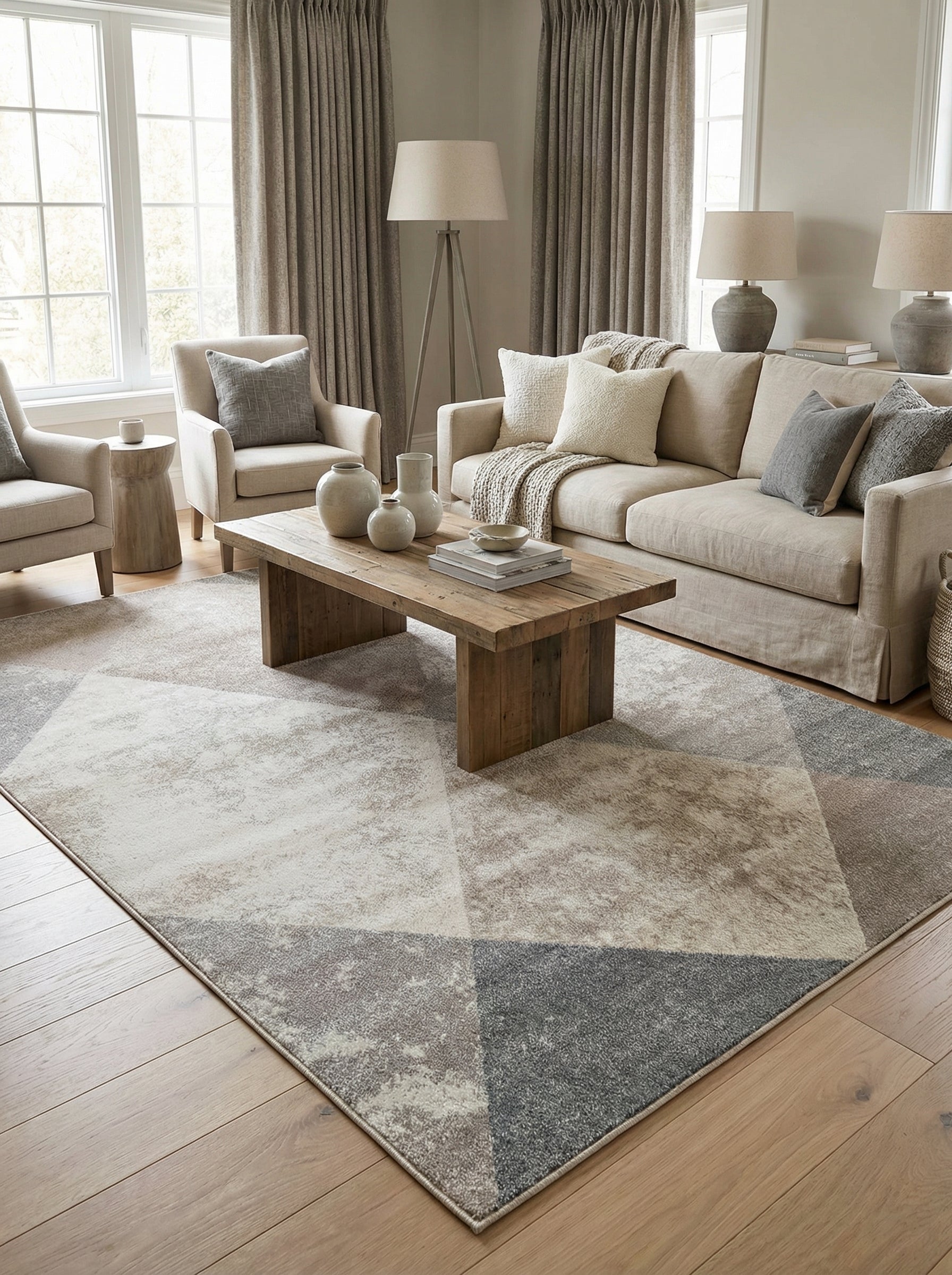 Tapis rectangulaire aux motifs géométriques abstraits en nuances de blanc cassé, beige et gris, dans un salon lumineux