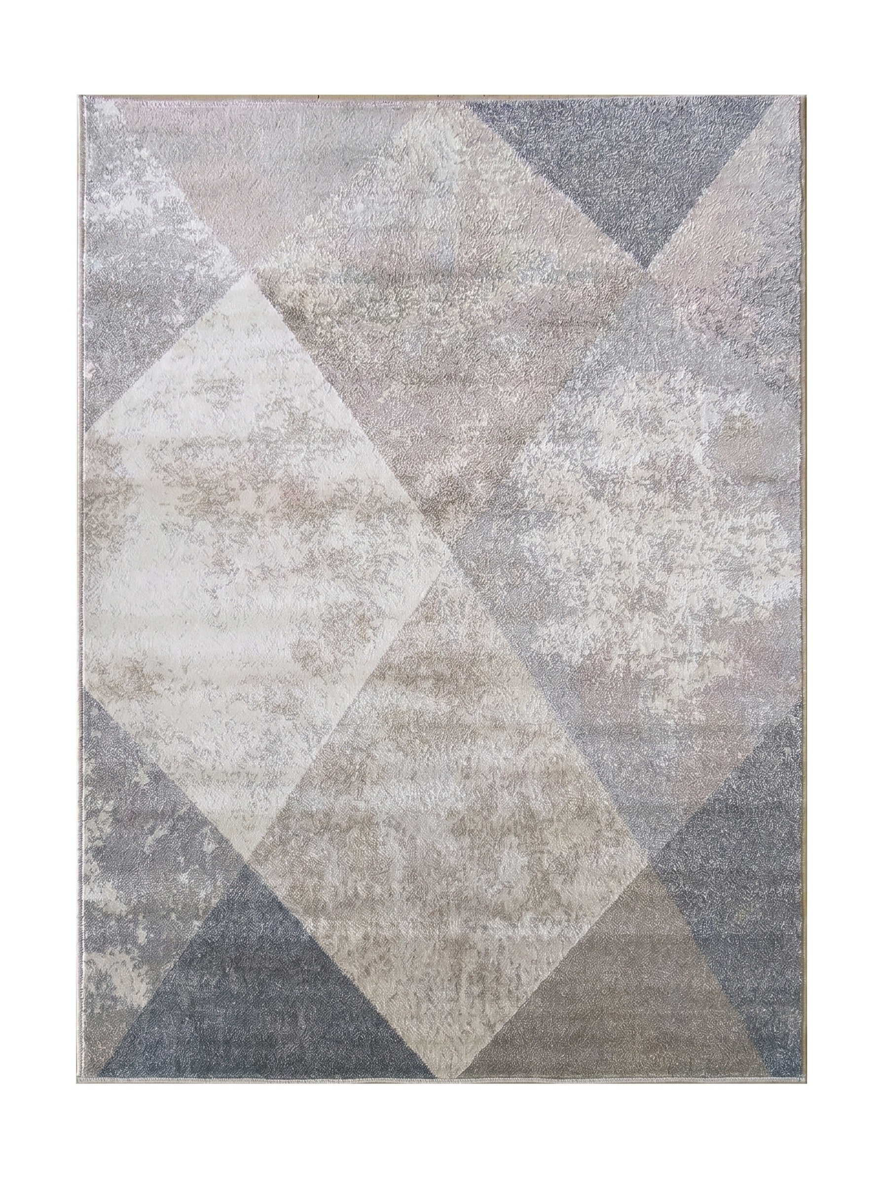 Tapis rectangulaire à poils courts, avec de grands motifs géométriques en losanges gris, beiges et blancs