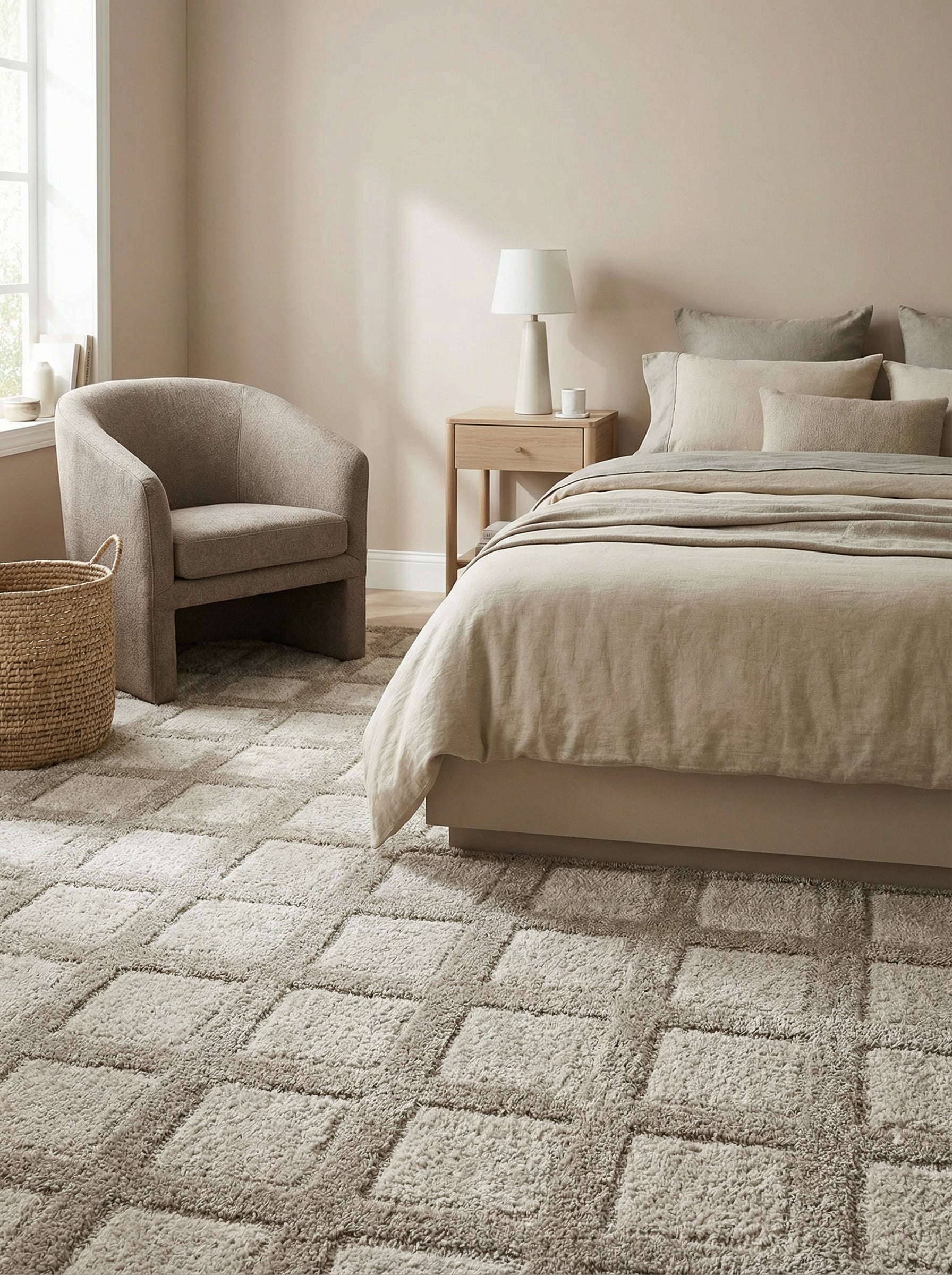 Tapis shaggy beige clair à motifs géométriques de carrés en relief, posé sur le sol d'une chambre moderne et lumineuse