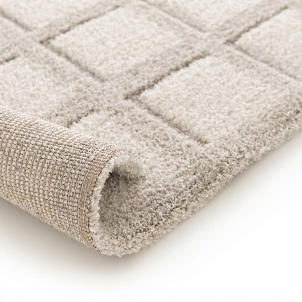 Tapis beige clair à poils longs avec un motif de carrés en relief, légèrement roulé pour montrer son envers tissé