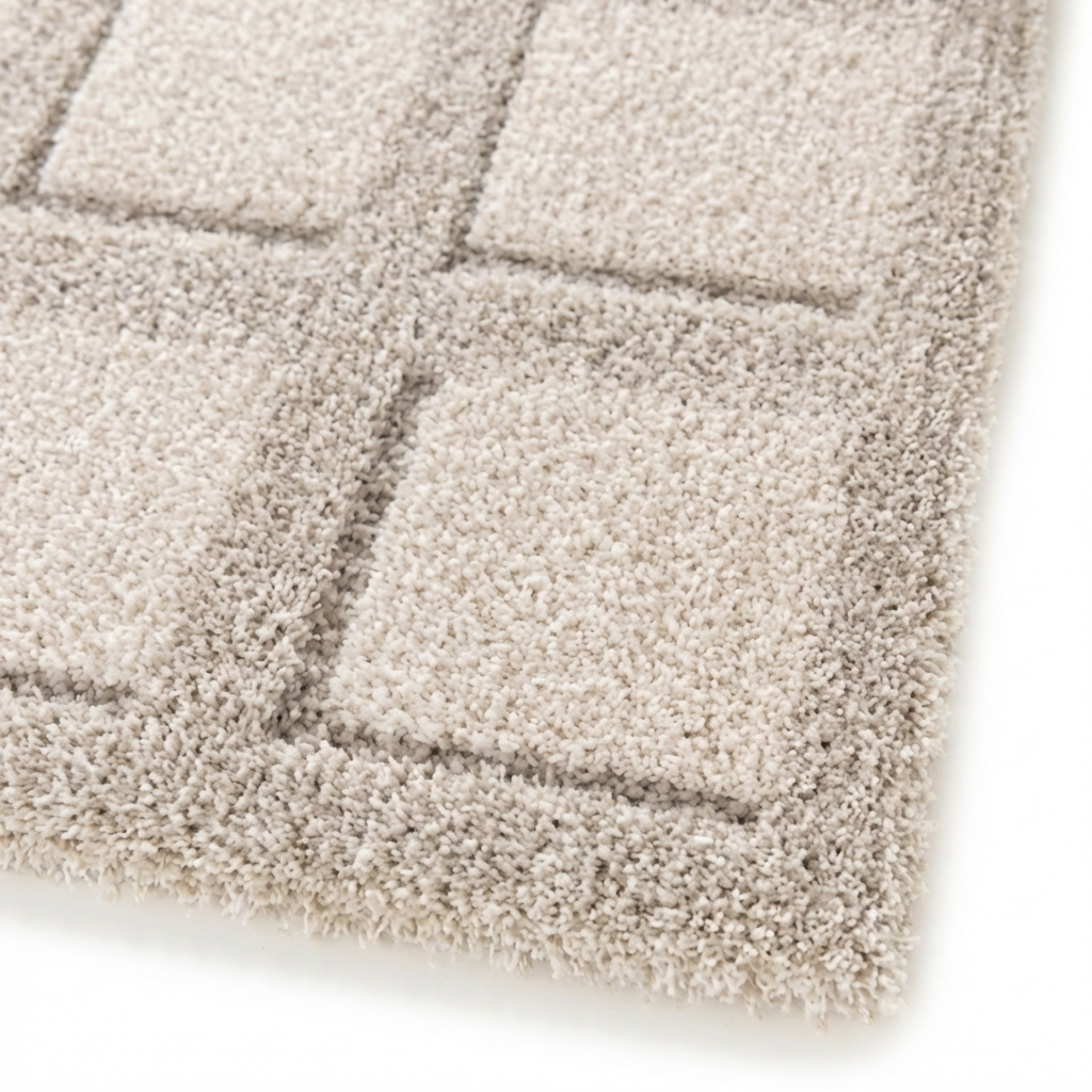 Tapis moelleux à texture épaisse en tons beige et gris clair, avec un motif géométrique de carrés en relief