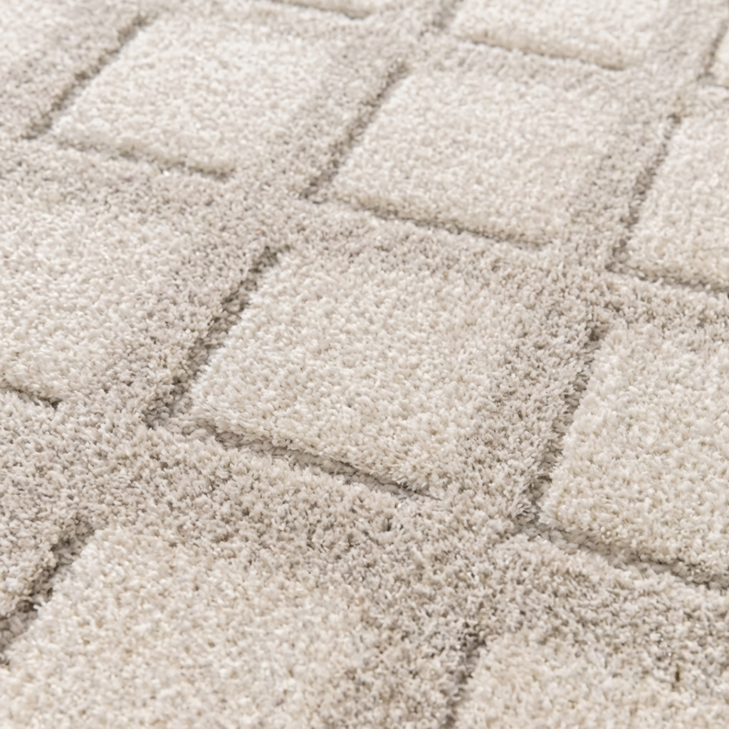 Tapis à poils longs beige crème avec un motif géométrique de carrés en relief, alternant des teintes claires et gris-beige