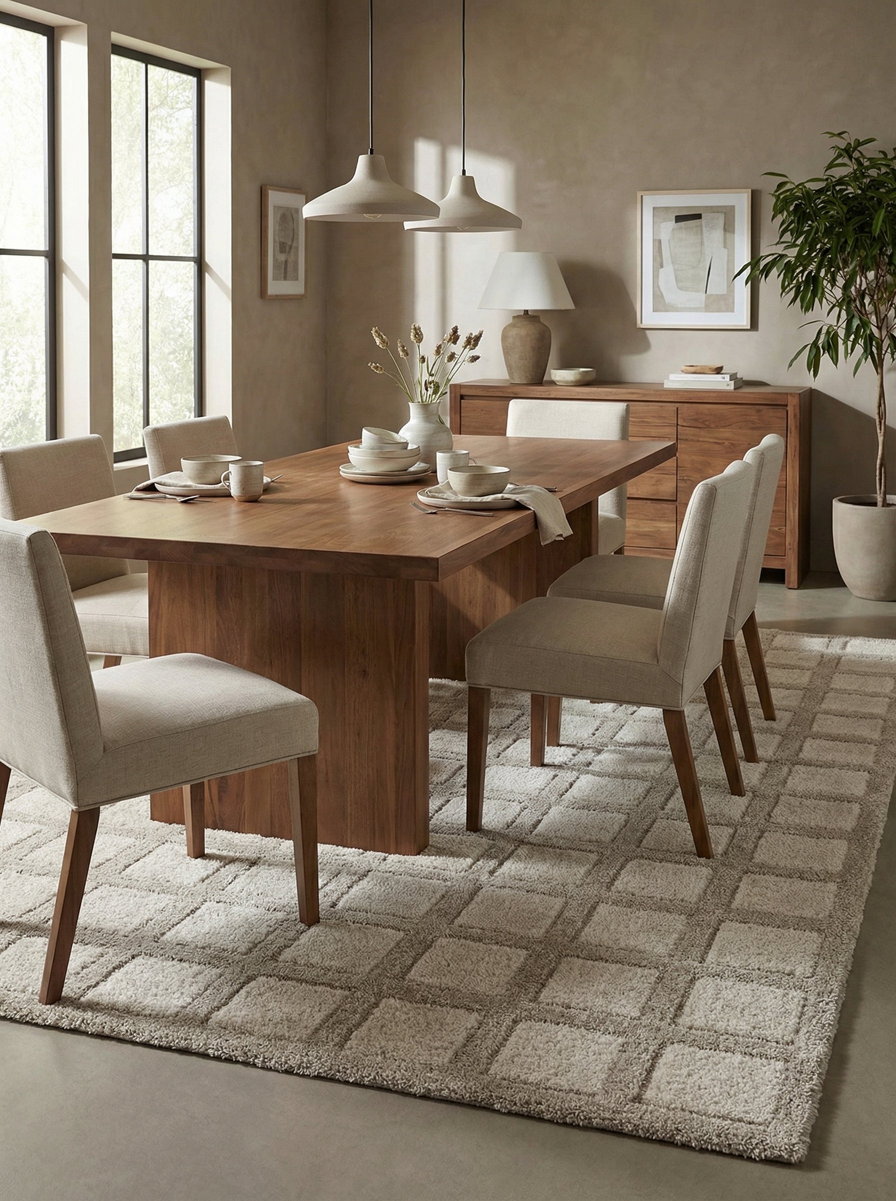 Tapis shaggy rectangulaire beige clair à motifs de carrés texturés, dans une salle à manger lumineuse