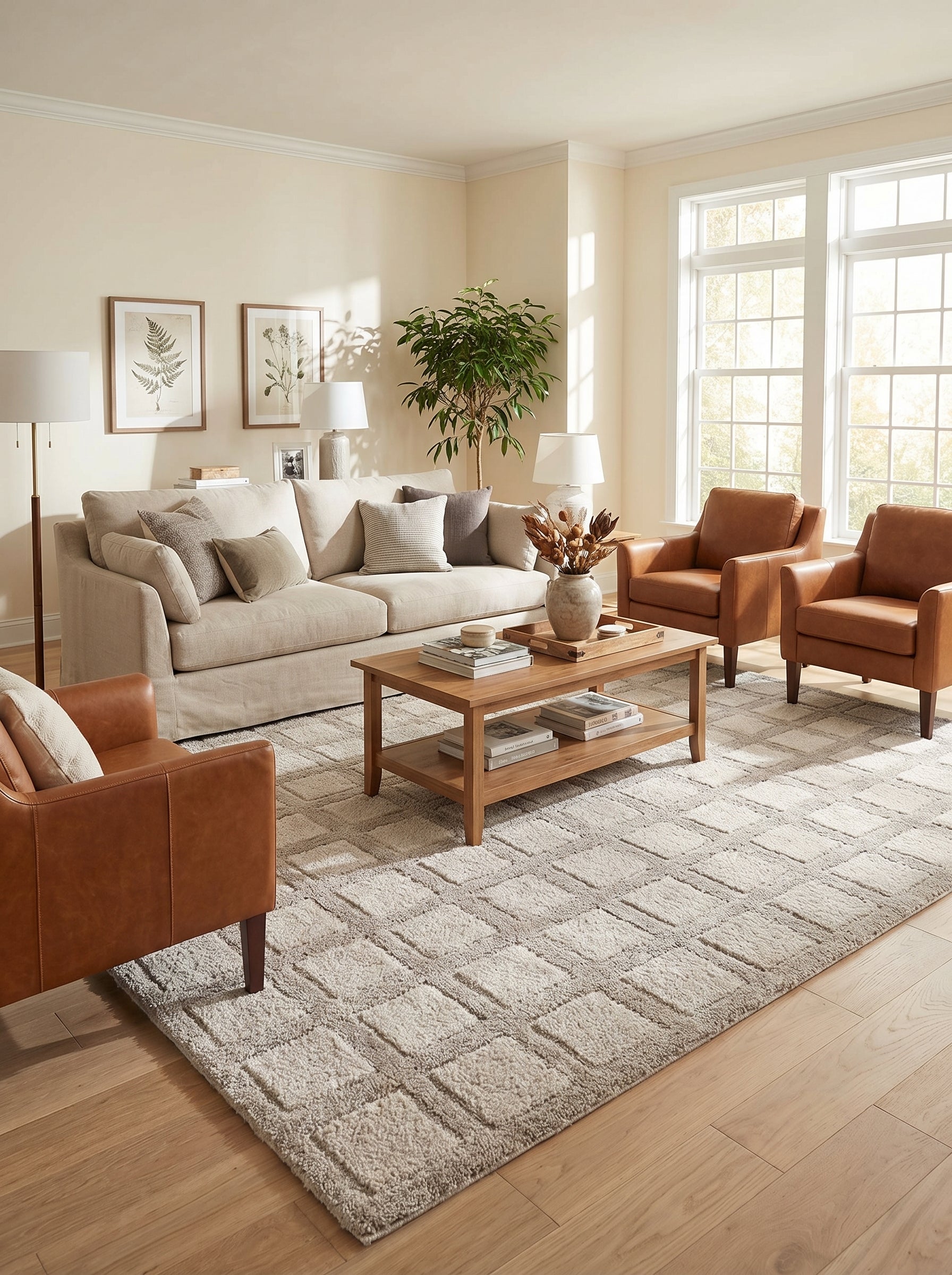 Tapis rectangulaire moelleux beige clair avec des motifs géométriques de carrés en relief, éclairant un salon confortable
