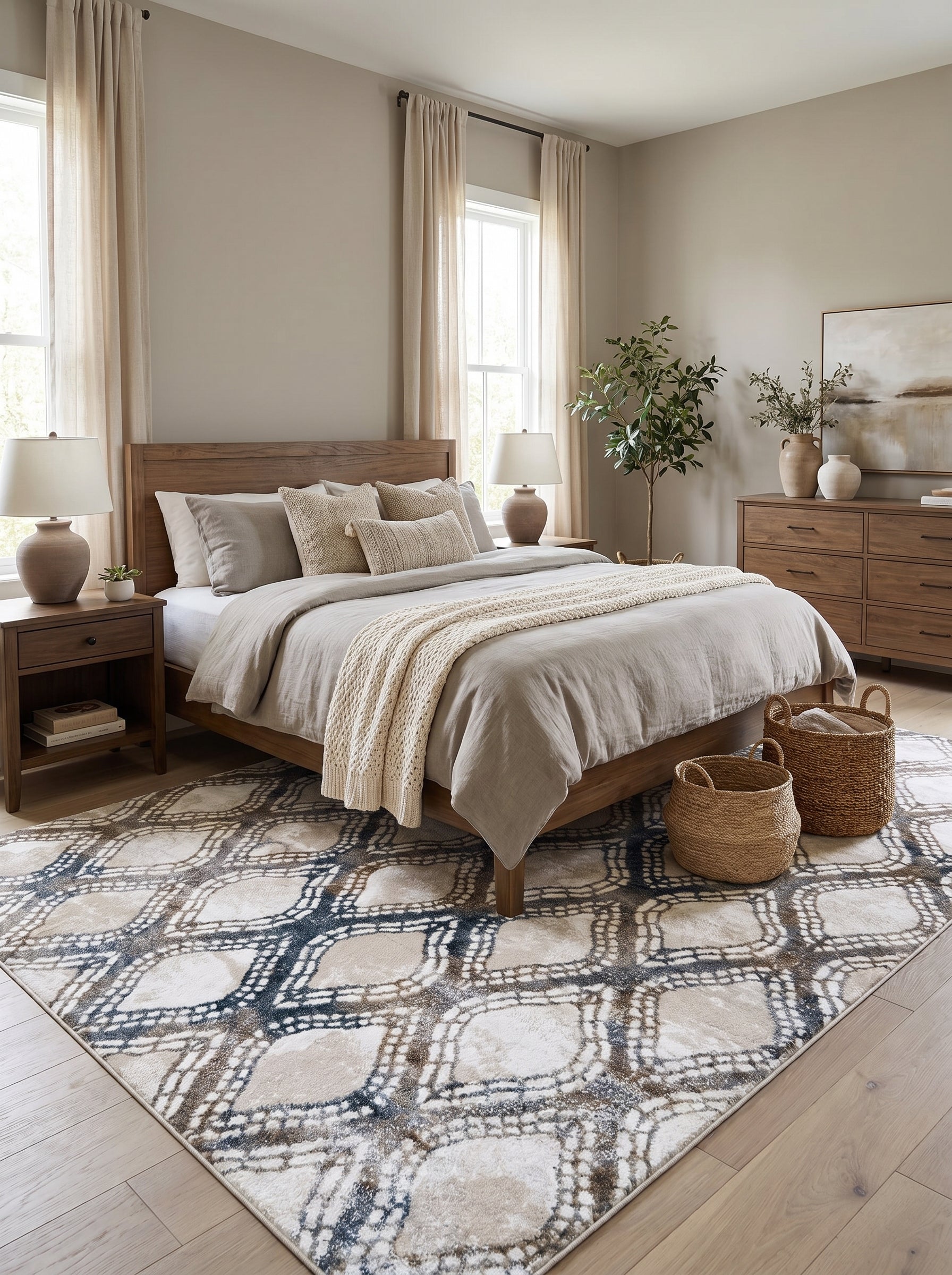 Tapis rectangulaire à motifs de losanges et ovales pointillés, aux couleurs crème, marron et bleu marine, dans une chambre