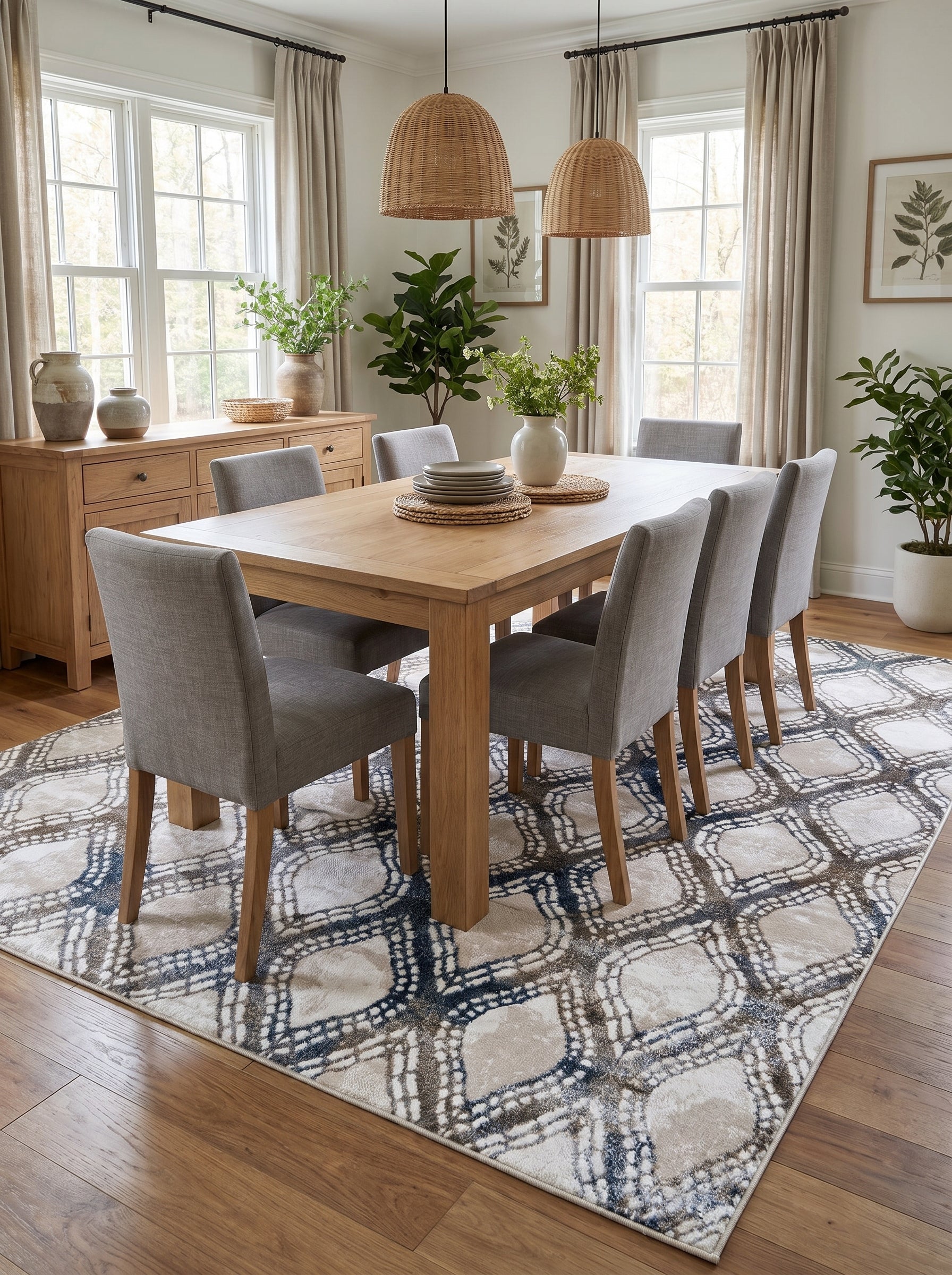 Tapis rectangulaire à motifs abstraits entrelacés beiges, bleus foncés et gris marron, dans une salle à manger