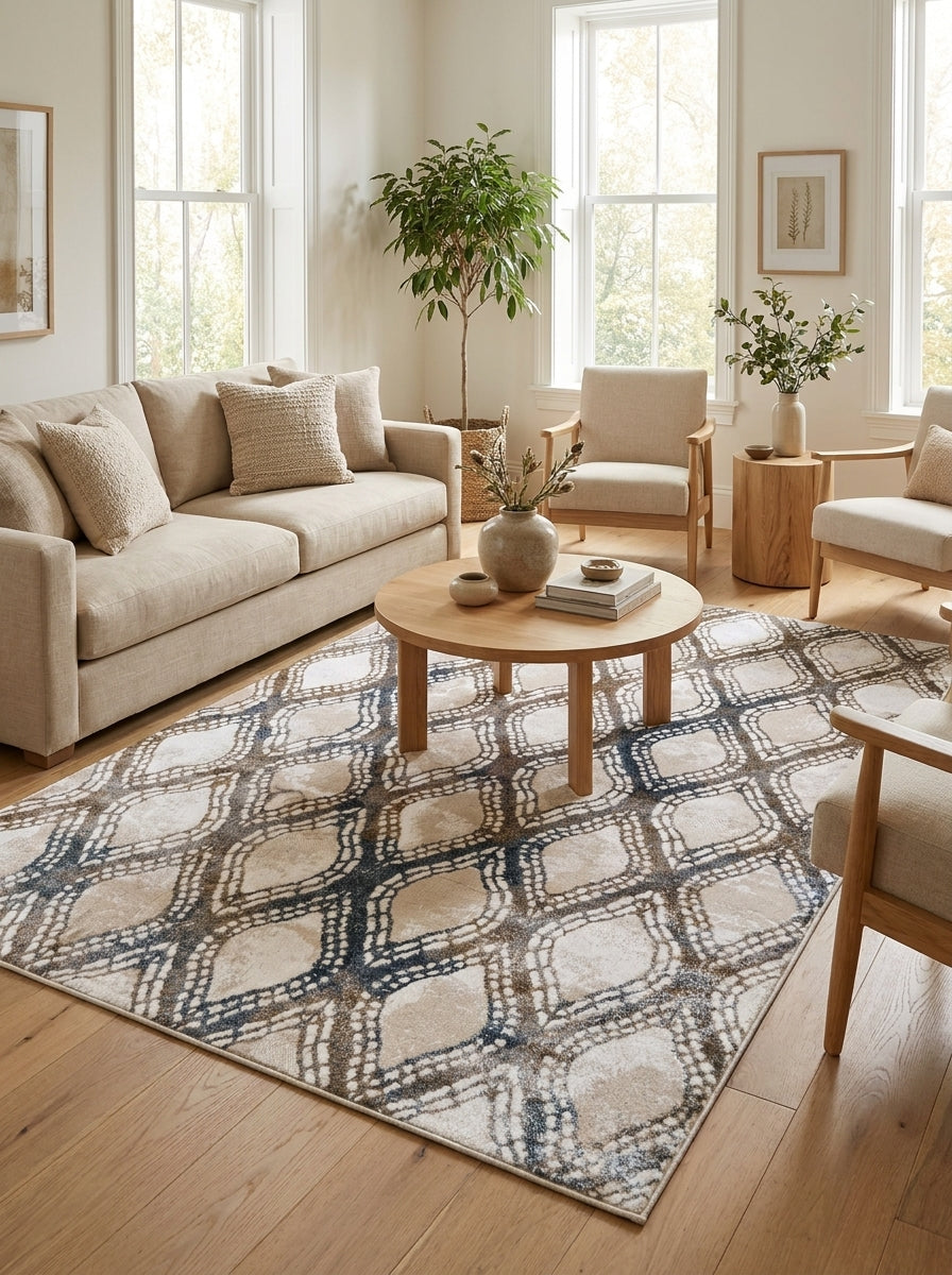 Tapis rectangulaire clair aux motifs abstraits bleus et marrons en pointillé, au centre d'un salon