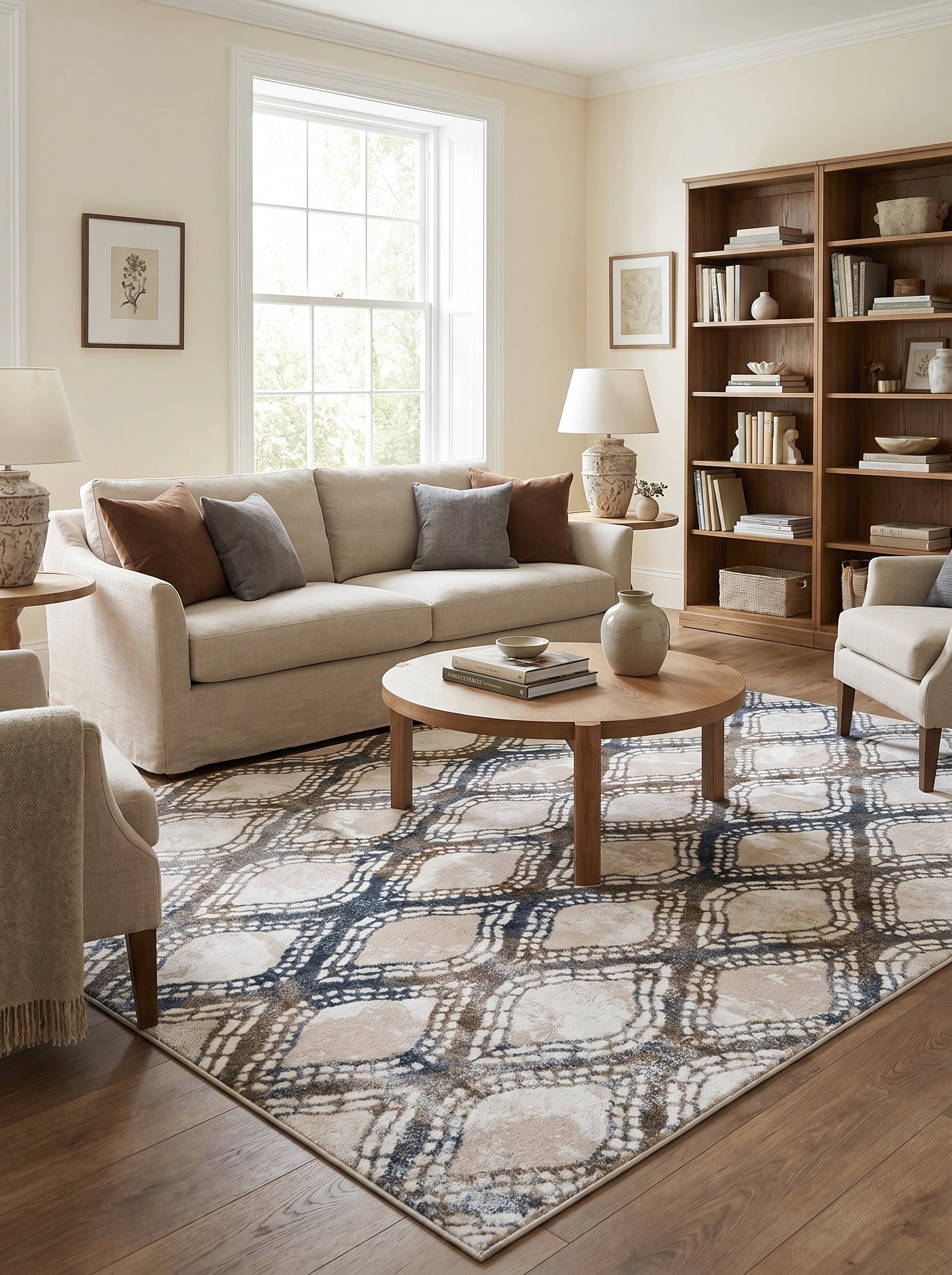 Tapis rectangulaire moelleux clair avec motifs de grilles déstructurées marron et bleu foncé texturées dans un salon décoré