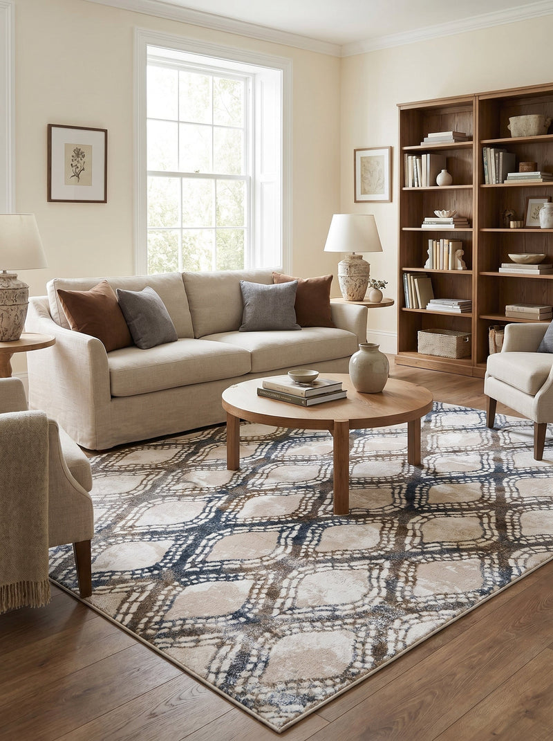 Rectangular plush light rug with textured deconstructed grid patterns in brown and dark blue in a styled living room