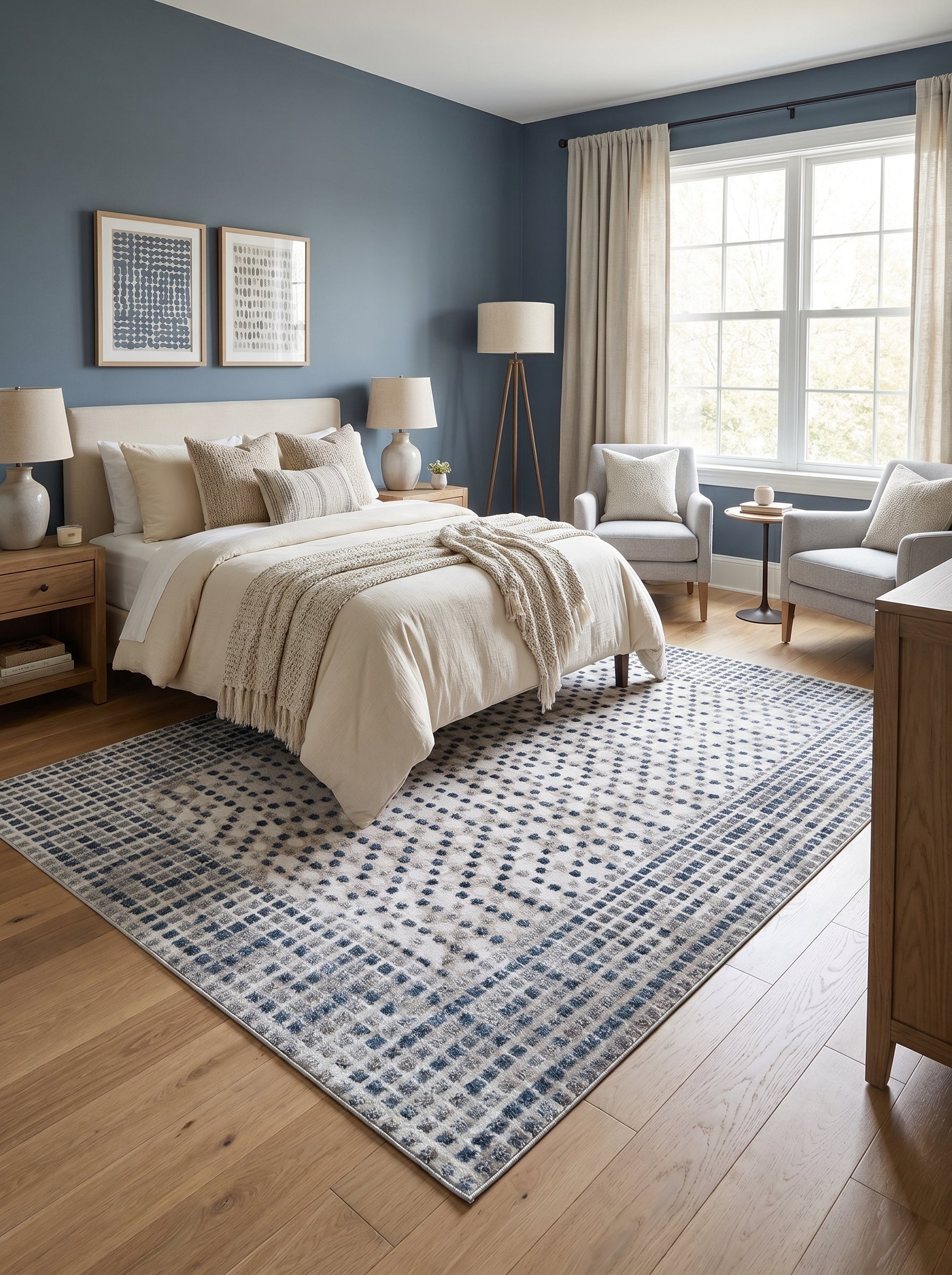 Tapis rectangulaire crème à motifs de carrés bleus et gris dégradés, sur un sol en parquet clair dans une chambre