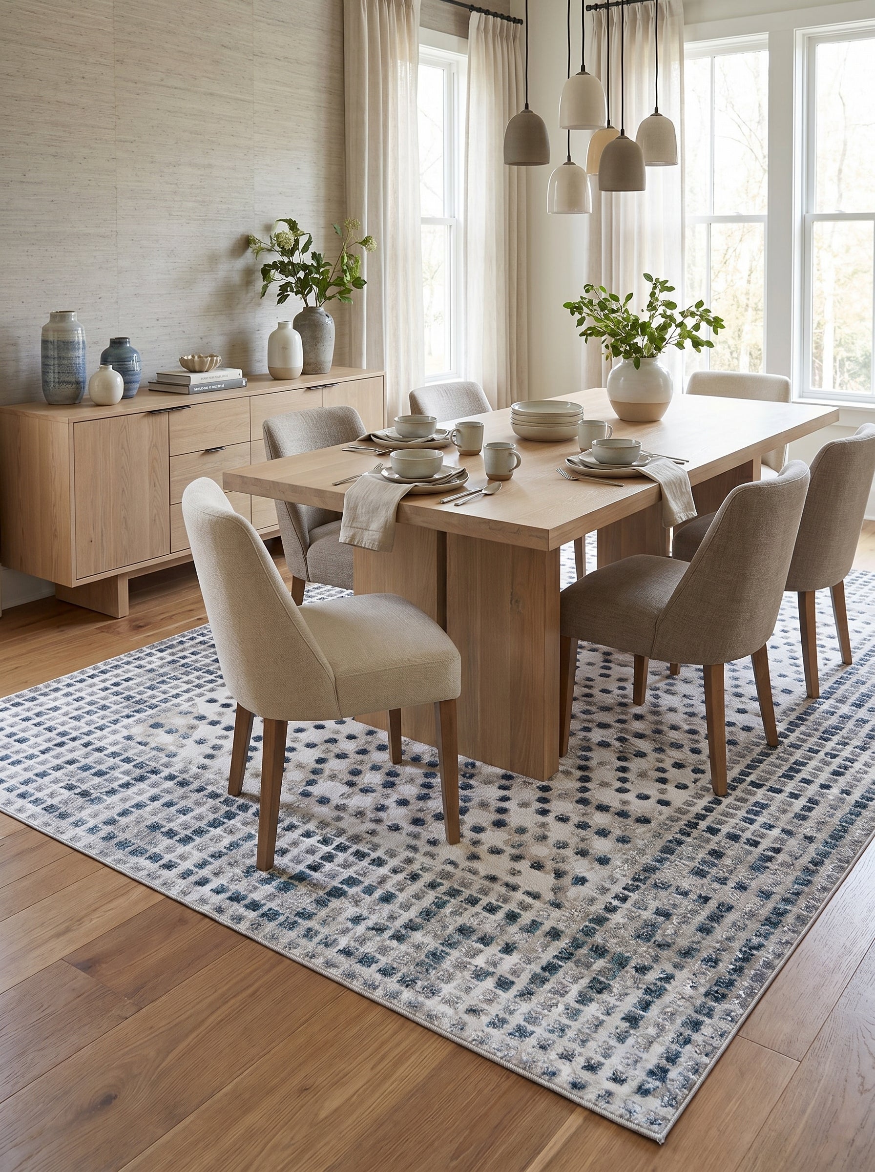 Tapis rectangulaire à motifs de carrés irréguliers bleus, gris et beiges sur fond clair dans une salle à manger
