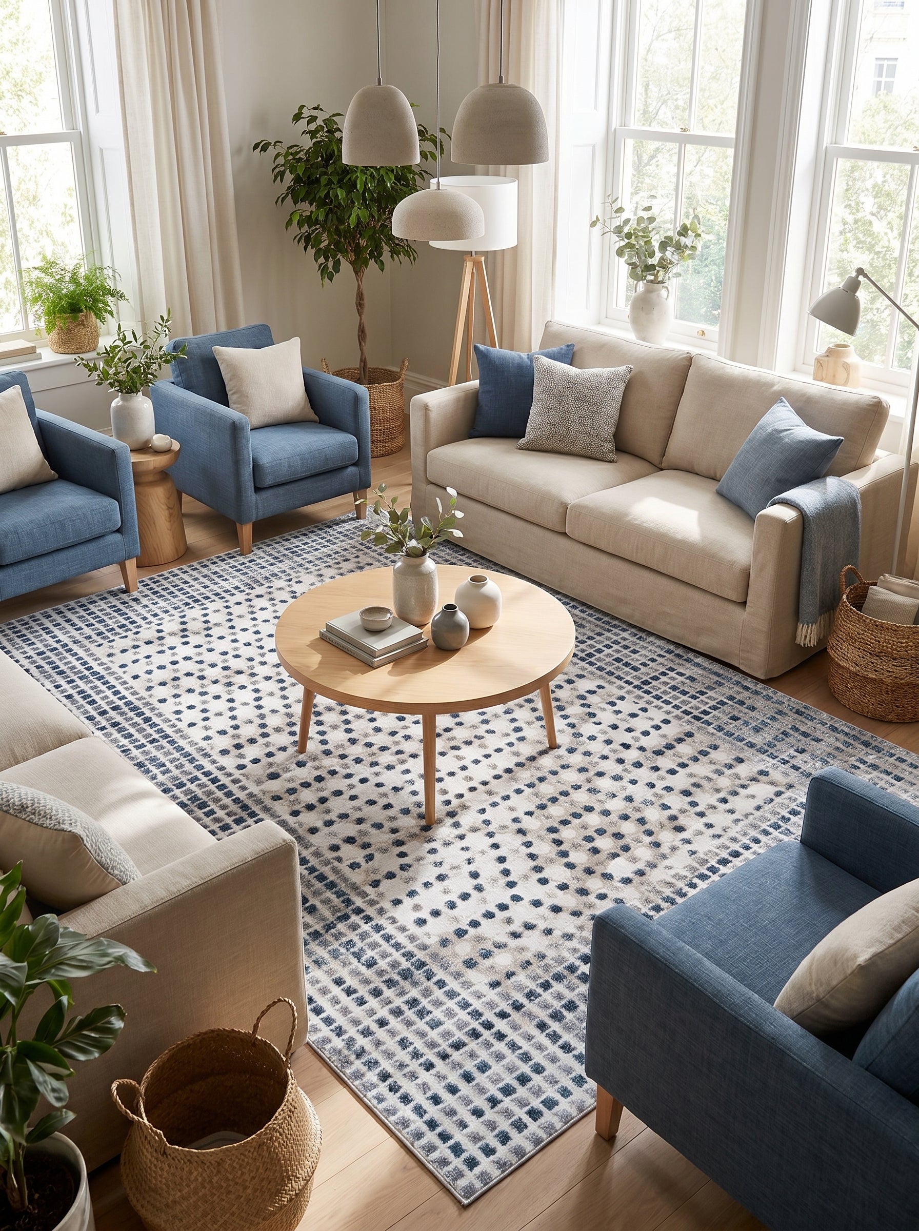 Tapis rectangulaire crème à motifs géométriques bleus et gris alternant carrés et points, posé dans un salon