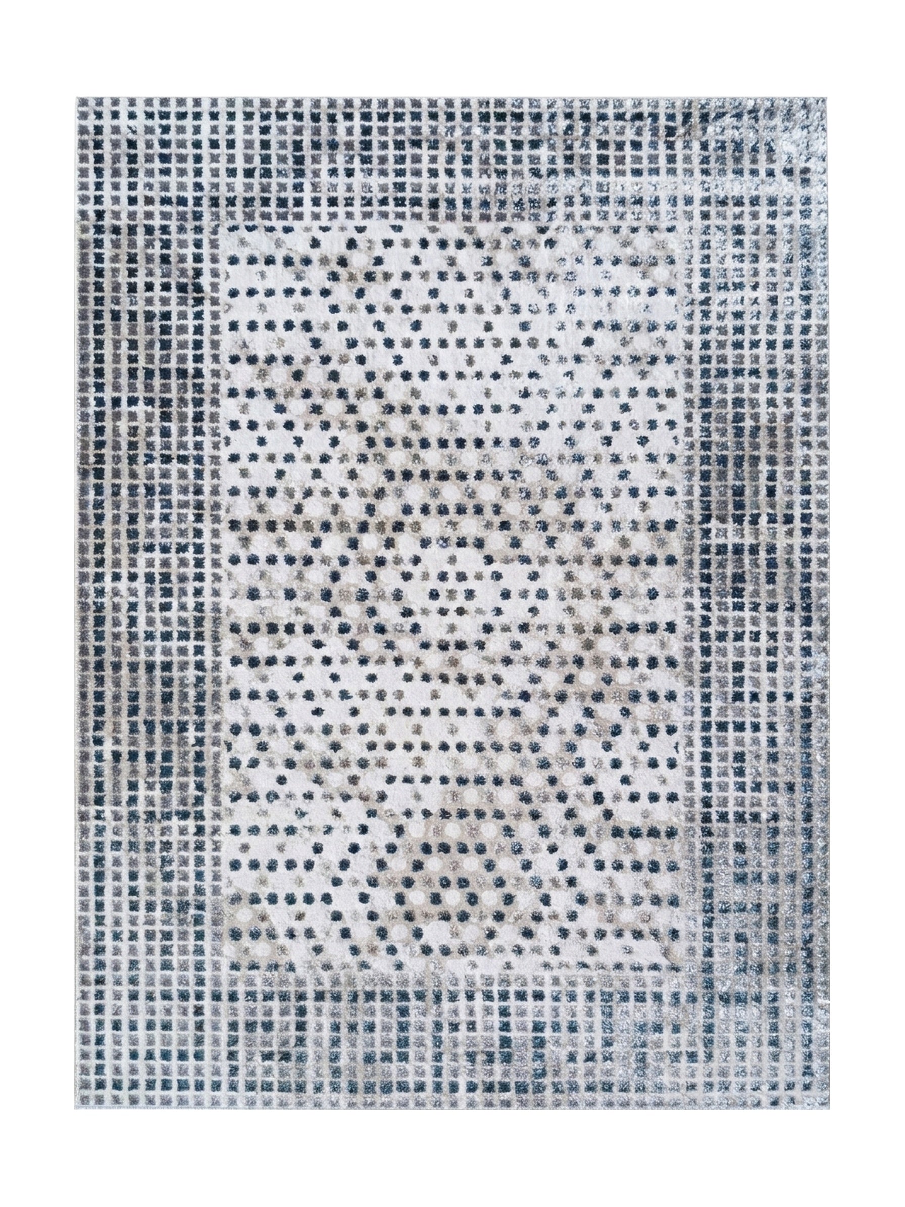 Tapis abstrait au centre blanc parsemé de points irréguliers bleus et gris, bordé de carreaux bleus et gris sur fond clair