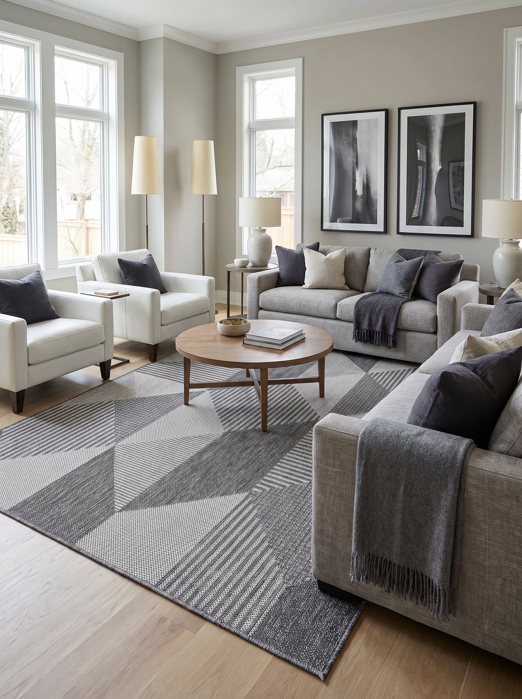 Grand tapis gris clair et foncé, à motifs géométriques de triangles et de lignes, sur parquet dans un salon moderne