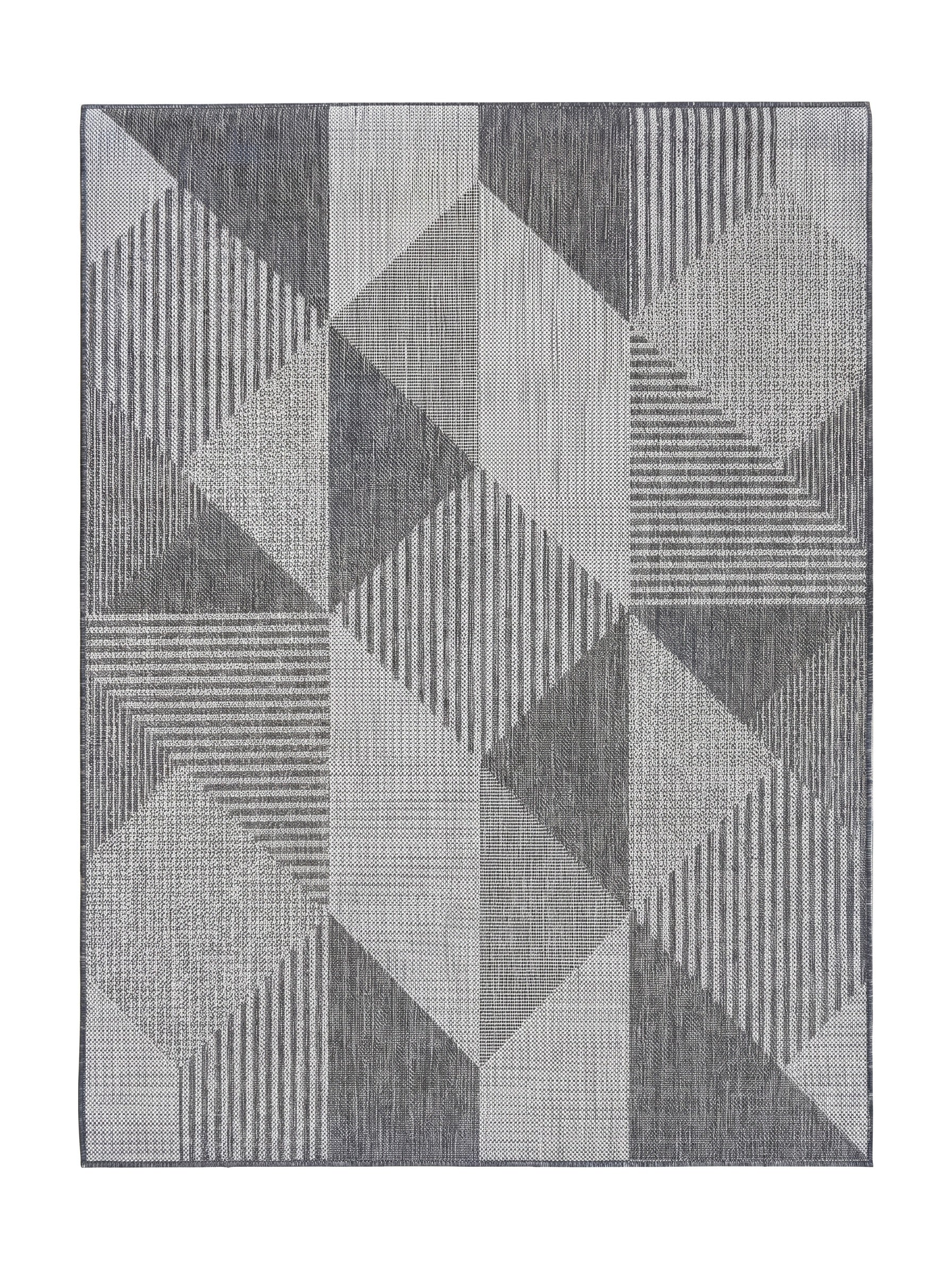 Tapis en matière textile aux tons de gris, présentant un motif géométrique 3D de cubes avec des textures unies, rayées et pointillées