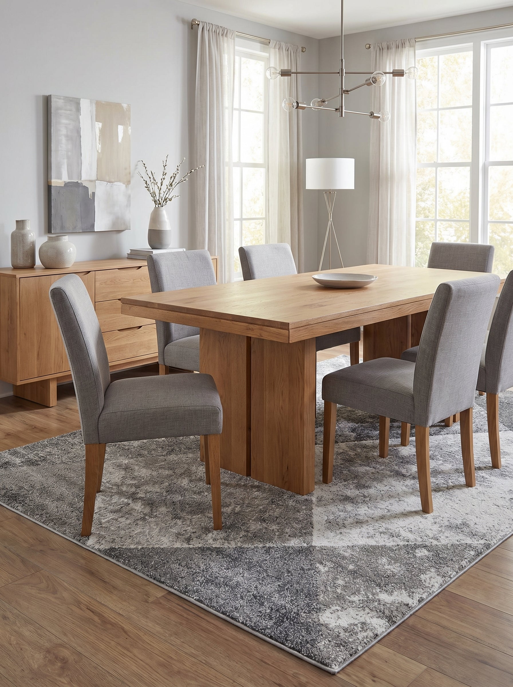 Tapis rectangulaire à motifs abstraits gris foncé, gris clair et blancs texturés, posé sur le parquet d'une salle à manger