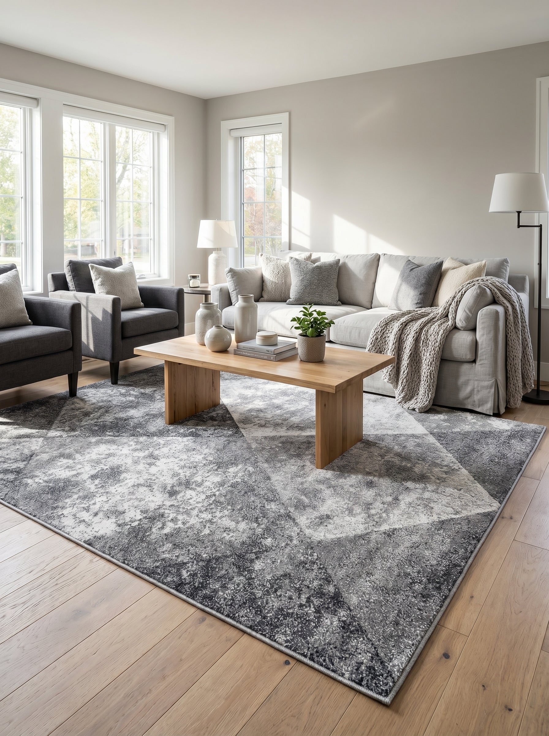 Grand tapis rectangulaire aux motifs abstraits et géométriques en dégradés de gris, dans un salon moderne