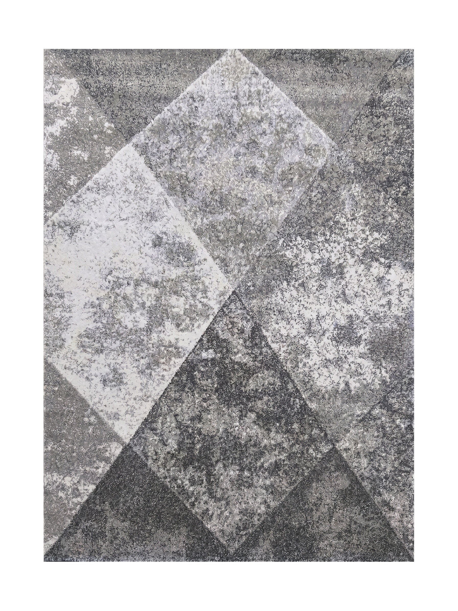 Tapis textile blanc et gris avec un motif géométrique de losanges texturés aux nuances dégradées de clair à foncé