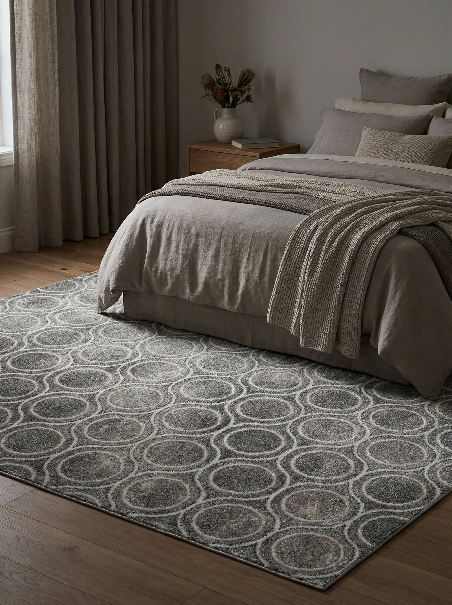 Tapis rectangulaire gris avec des cercles imbriqués texturés aux nuances claires et sombres, dans une chambre