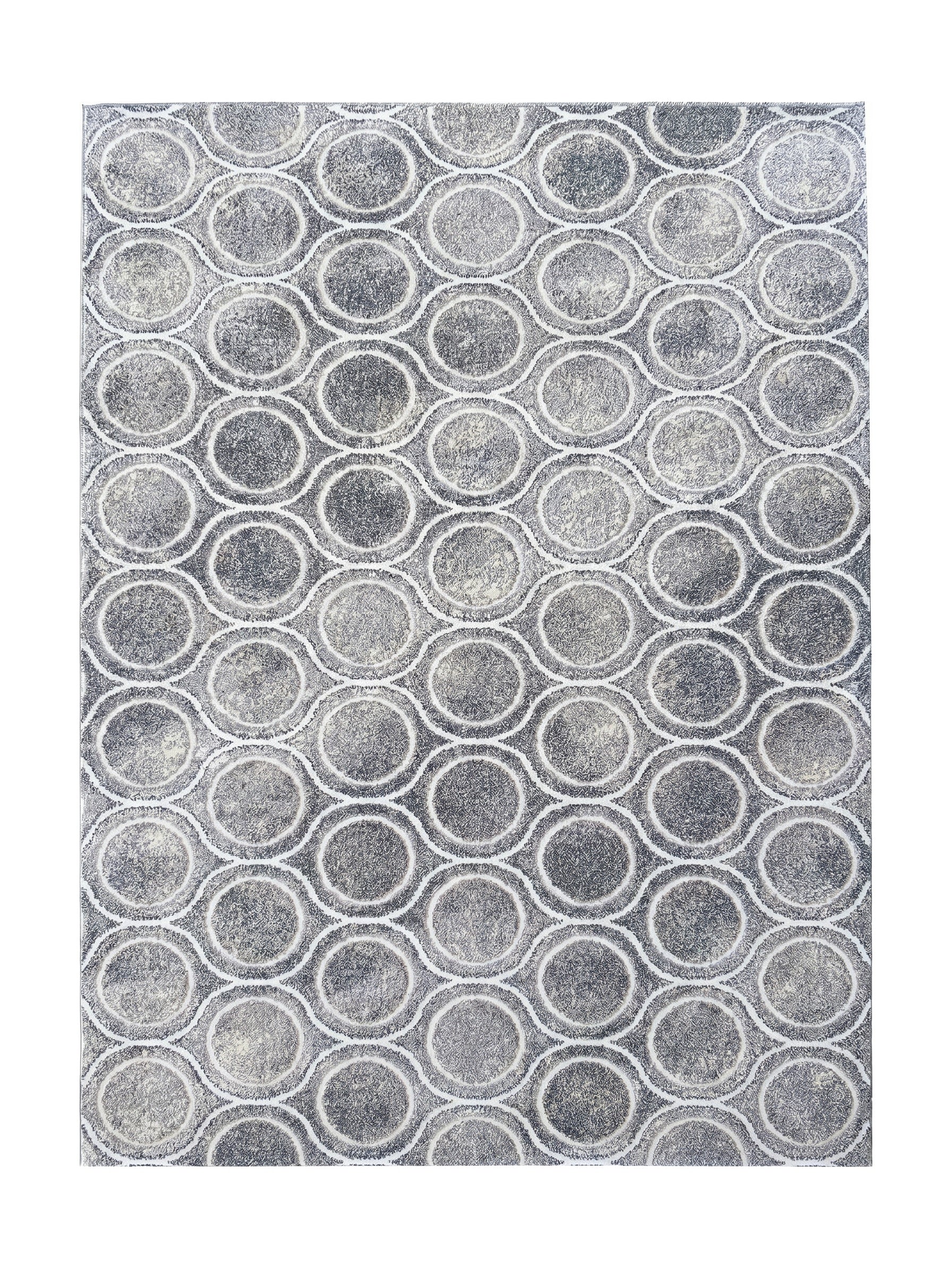Tapis textile à motif de cercles variés et de vagues interconnectées, mêlant les couleurs gris foncé, gris clair et beige
