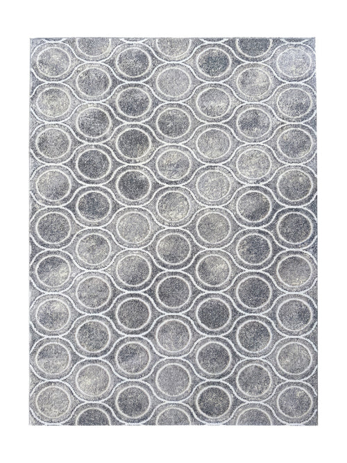 Tapis textile à motif de cercles variés et de vagues interconnectées, mêlant les couleurs gris foncé, gris clair et beige