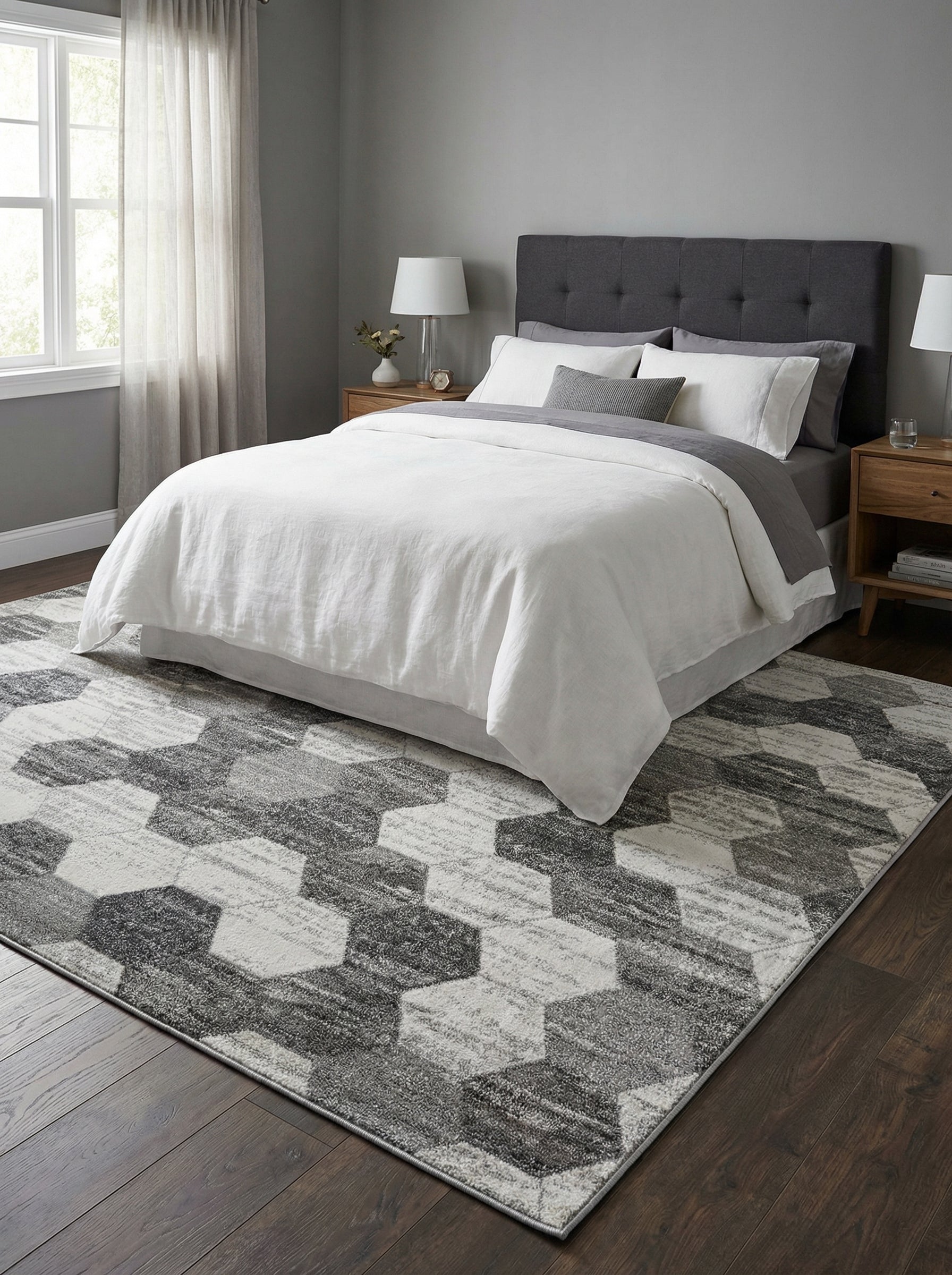 Tapis rectangulaire aux motifs hexagonaux gris clair et foncé avec un aspect texturé, posé sur un parquet foncé dans une chambre