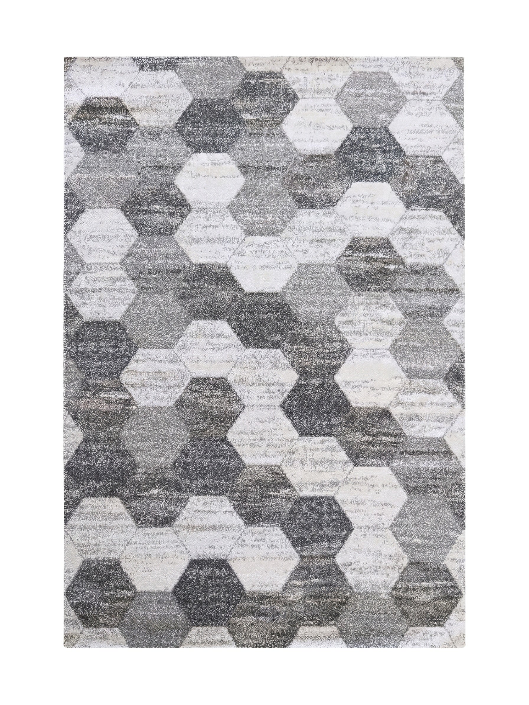 Tapis avec un motif géométrique hexagonal, alternant des nuances de gris clair, moyen et foncé, à la texture douce