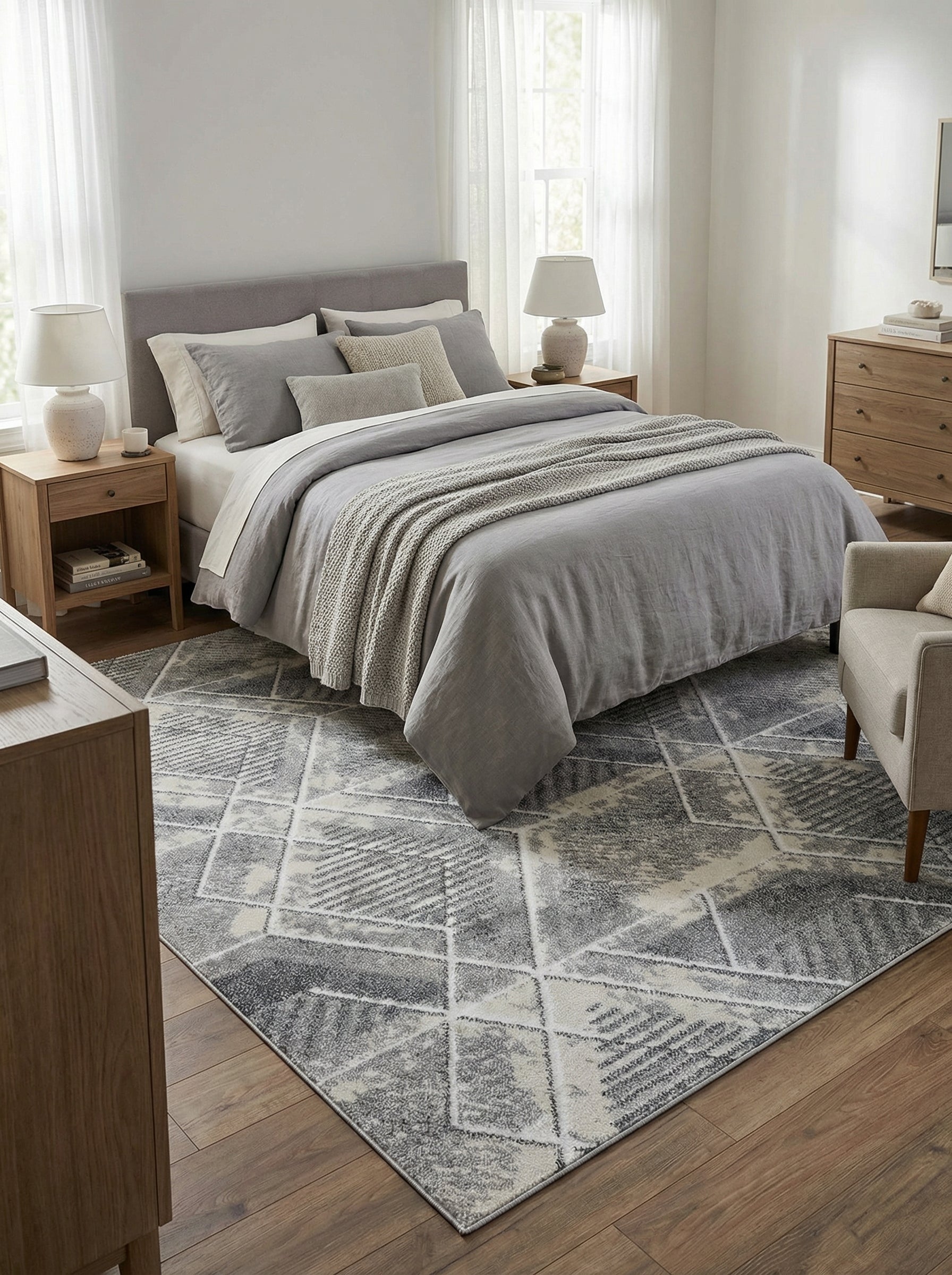 Tapis rectangulaire gris clair et foncé à motifs géométriques abstraits crème et texturés, posé dans une chambre à coucher